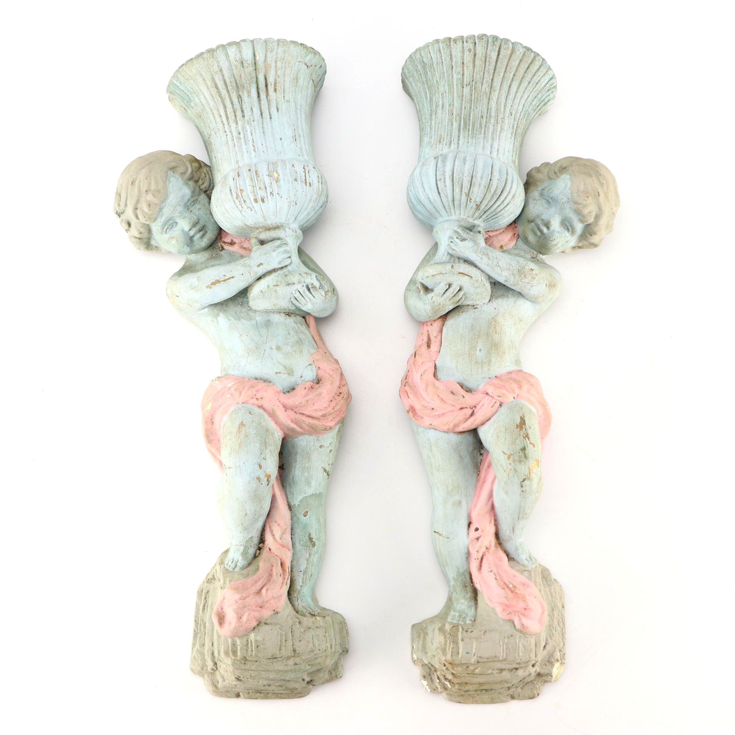 Pair of Baroque Style Paint-Decorated Concrete Cherub Wall Pockets