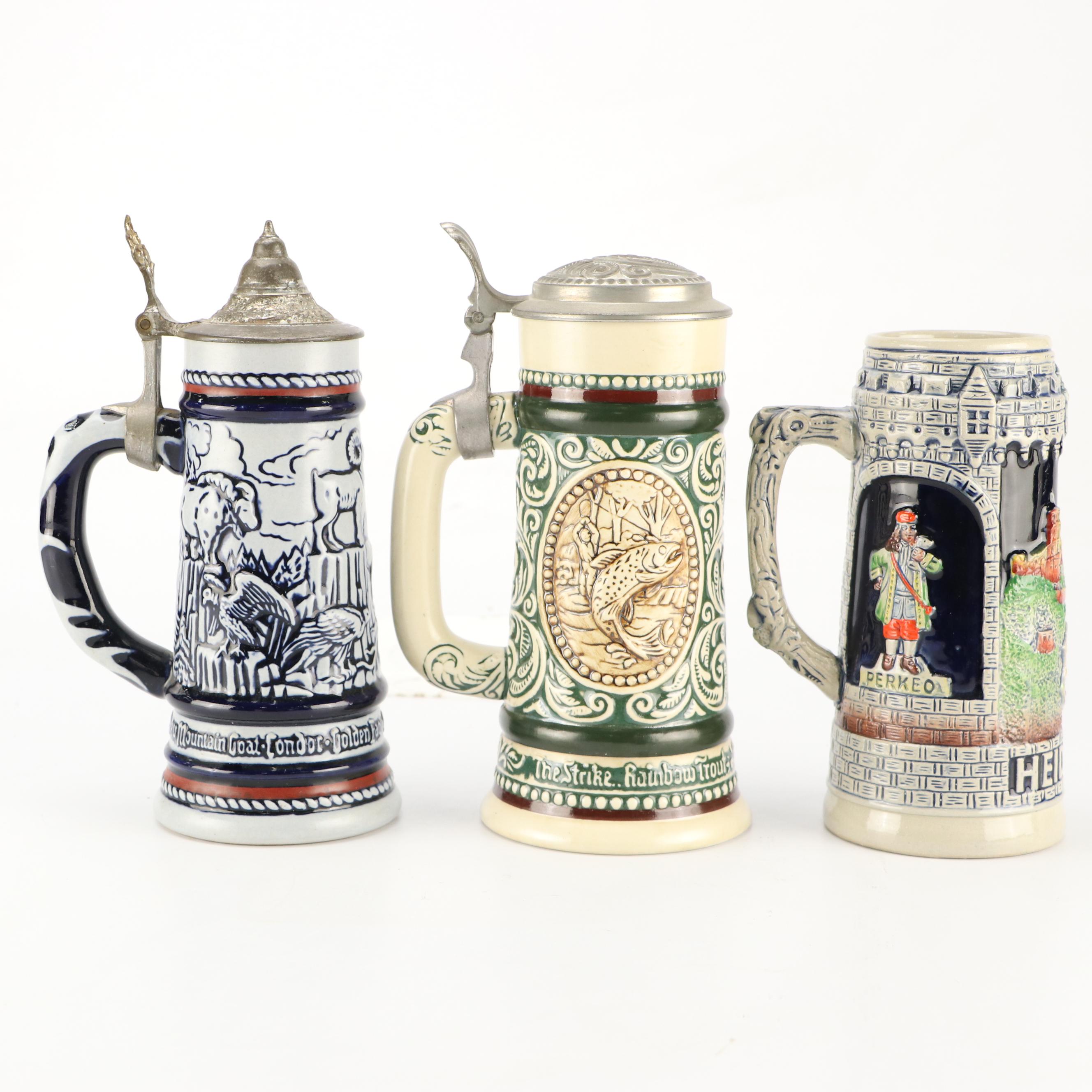 Avon and King Ceramic Hand-Painted Beer Steins, 1970s