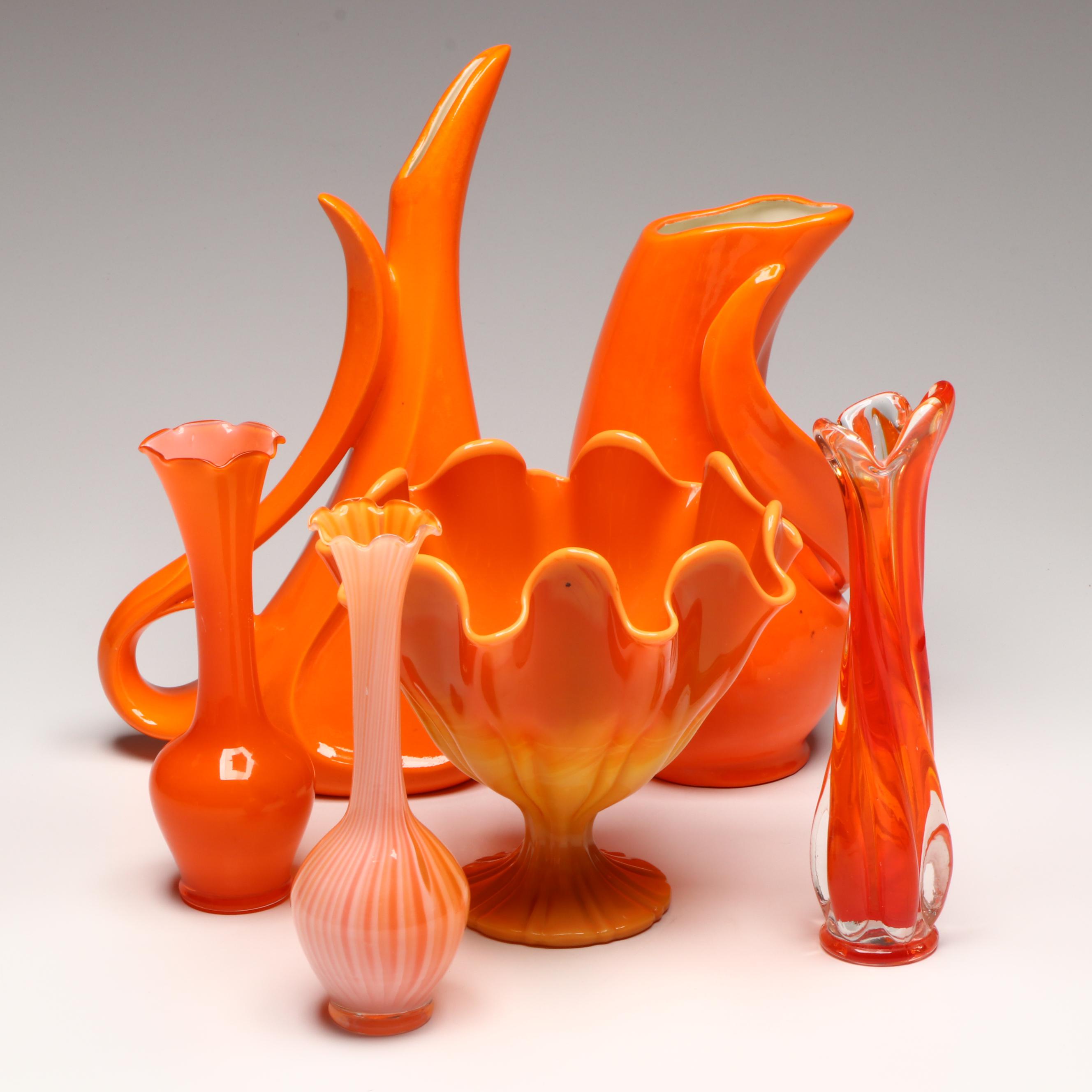 MCM L.E. Smith "Bittersweet" Compote, More Orange Glassware & Pottery Pitchers