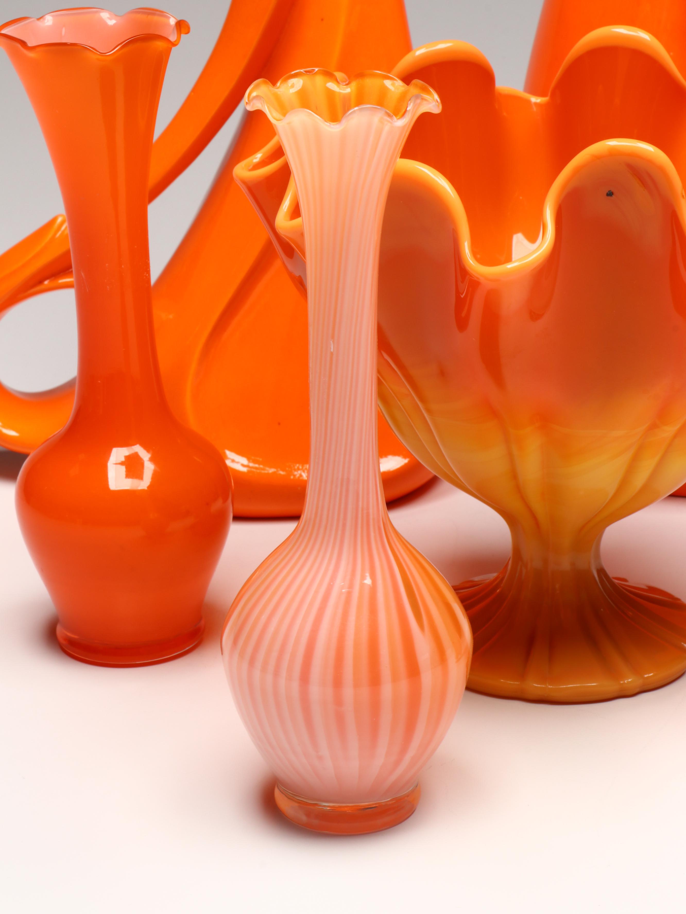 MCM L.E. Smith "Bittersweet" Compote, More Orange Glassware & Pottery Pitchers