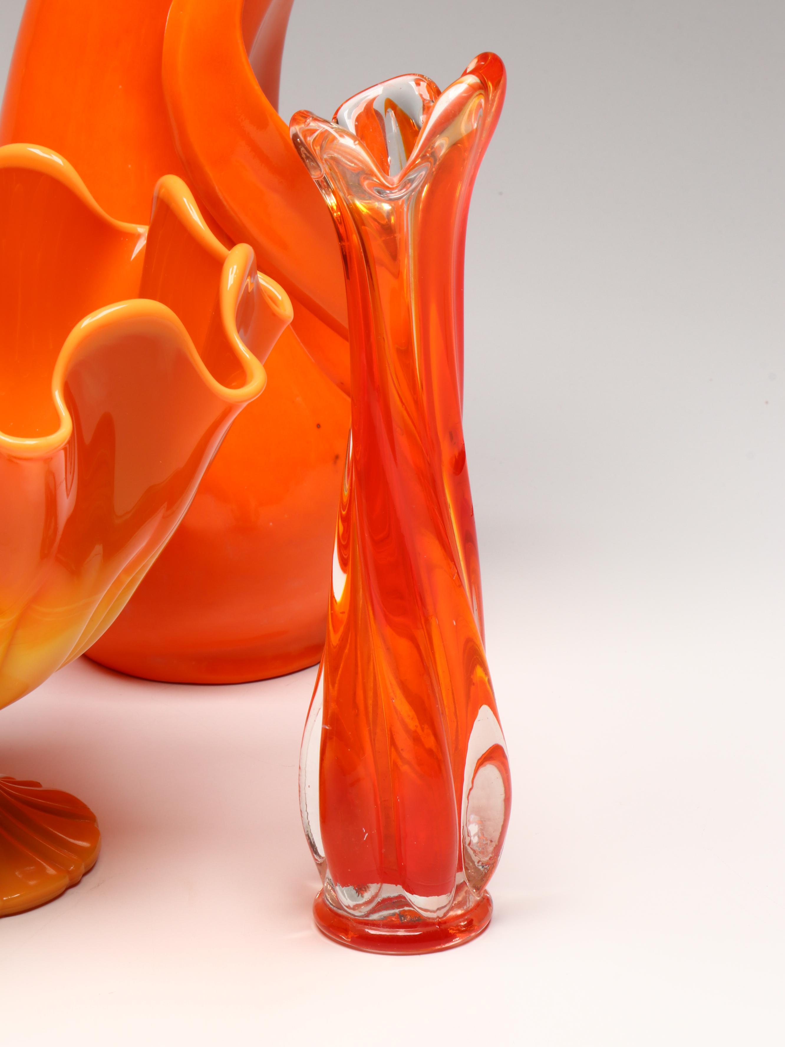 MCM L.E. Smith "Bittersweet" Compote, More Orange Glassware & Pottery Pitchers