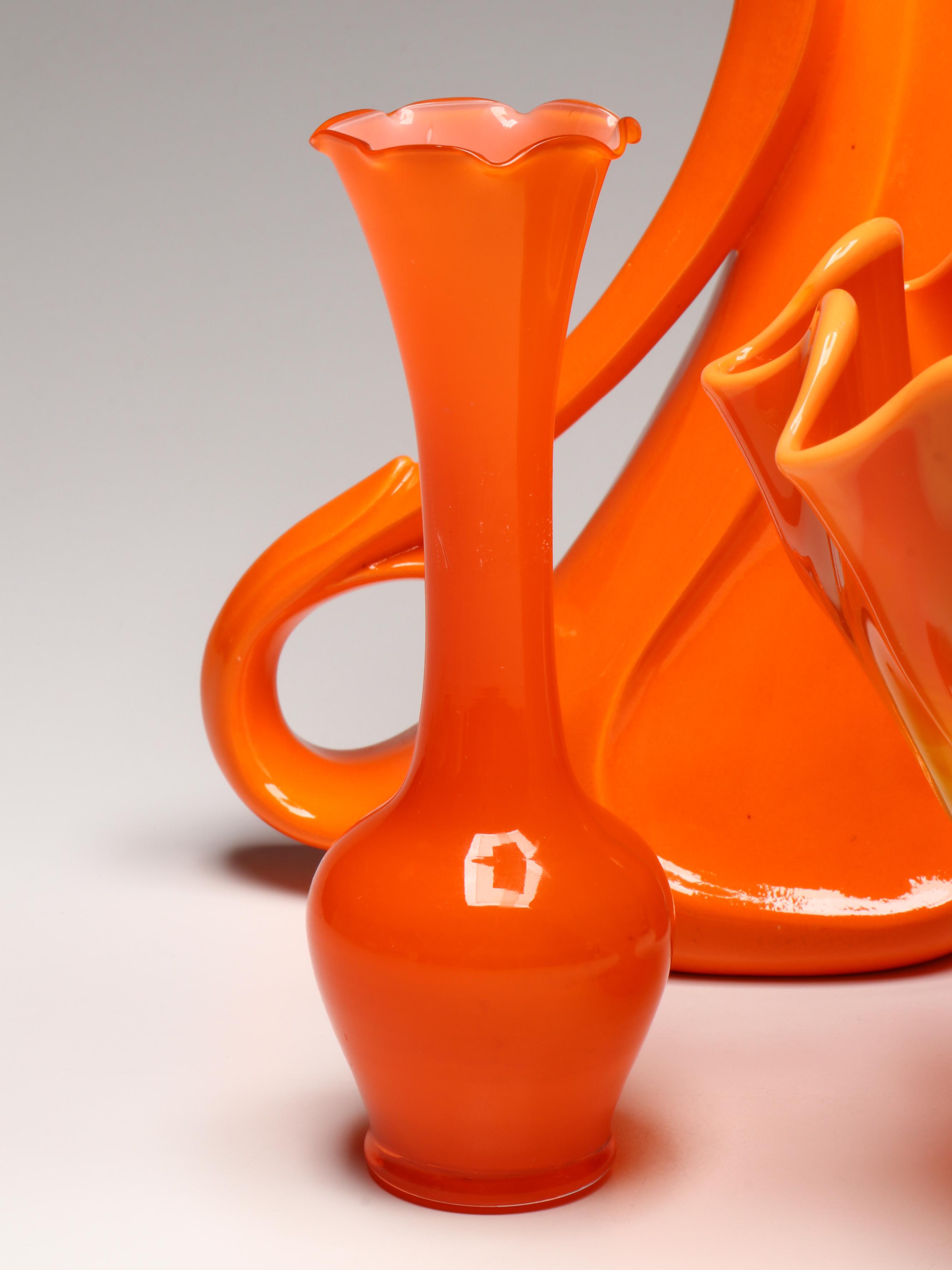 MCM L.E. Smith "Bittersweet" Compote, More Orange Glassware & Pottery Pitchers