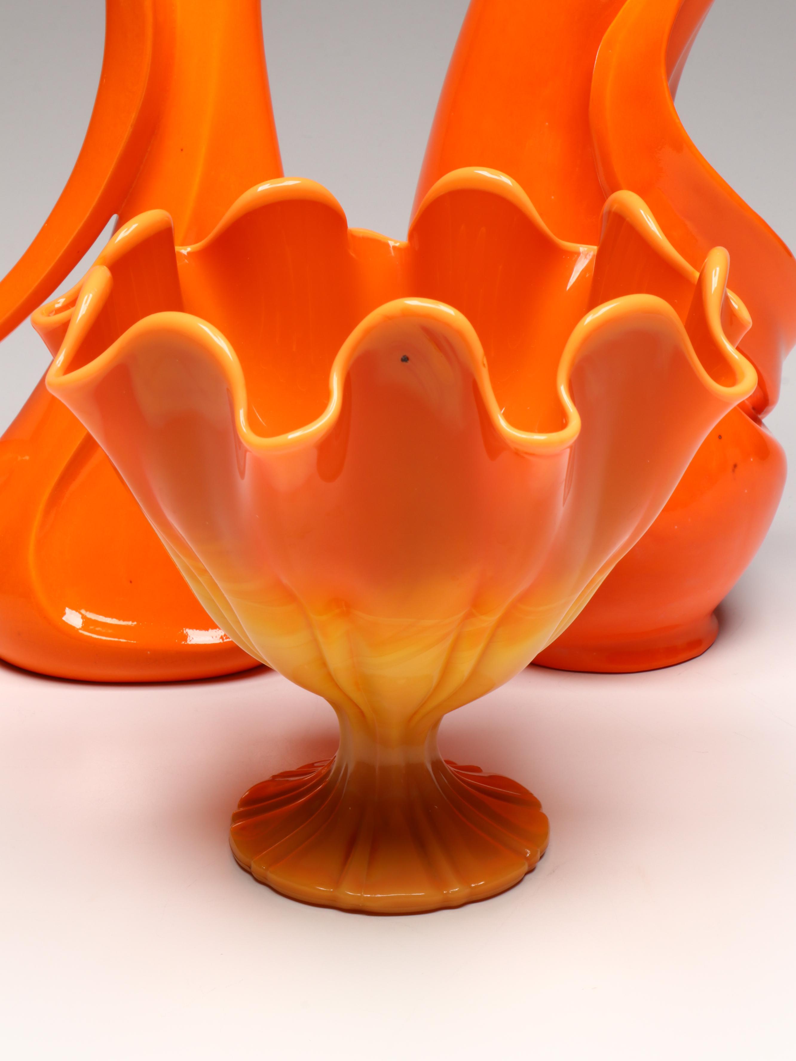 MCM L.E. Smith "Bittersweet" Compote, More Orange Glassware & Pottery Pitchers