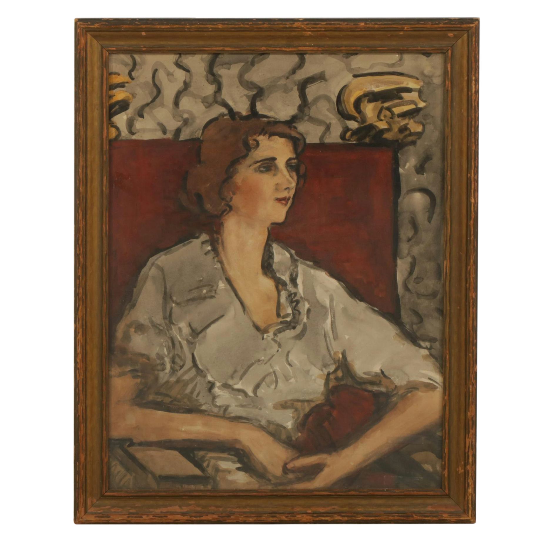 Portrait of Seated Woman Ruminating  Watercolor and Gouache Painting