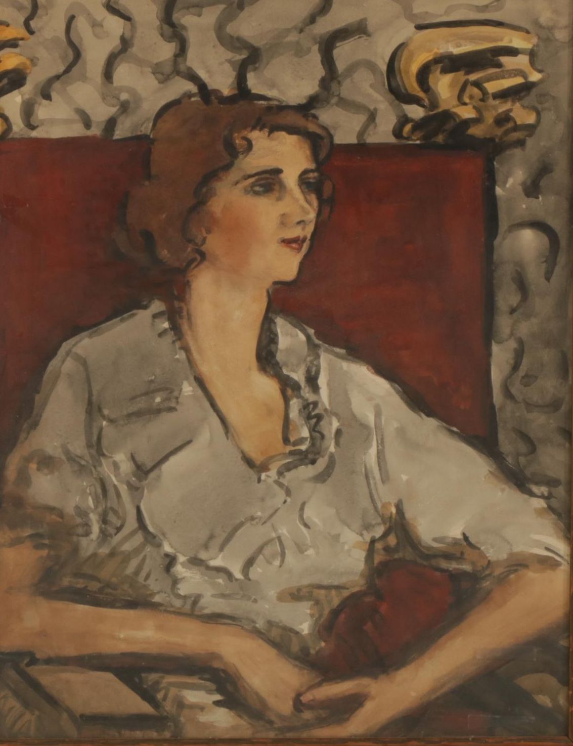 Portrait of Seated Woman Ruminating  Watercolor and Gouache Painting