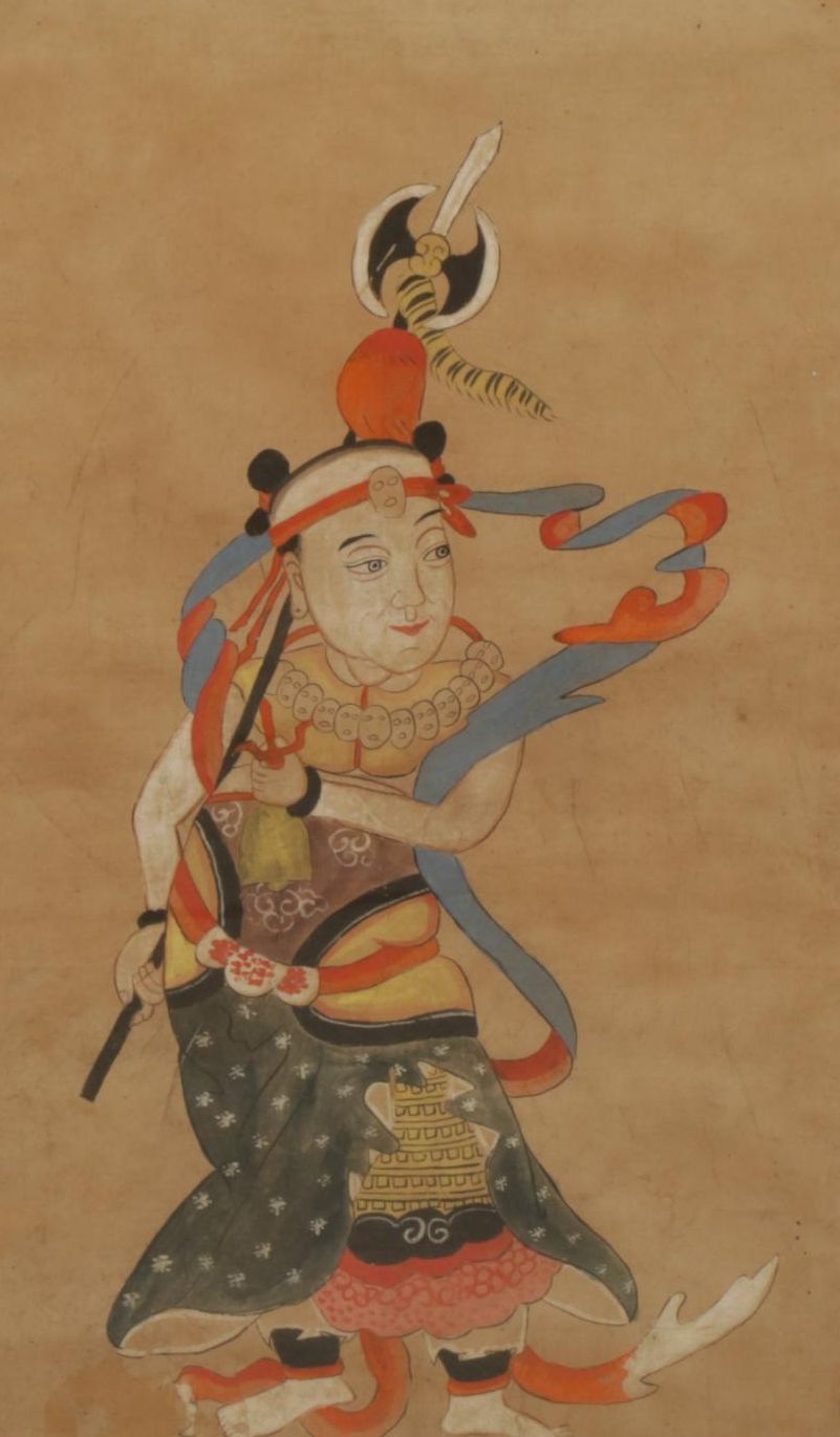East Asian Watercolor and Gouache Portrait of Shaman Performing a Ritual