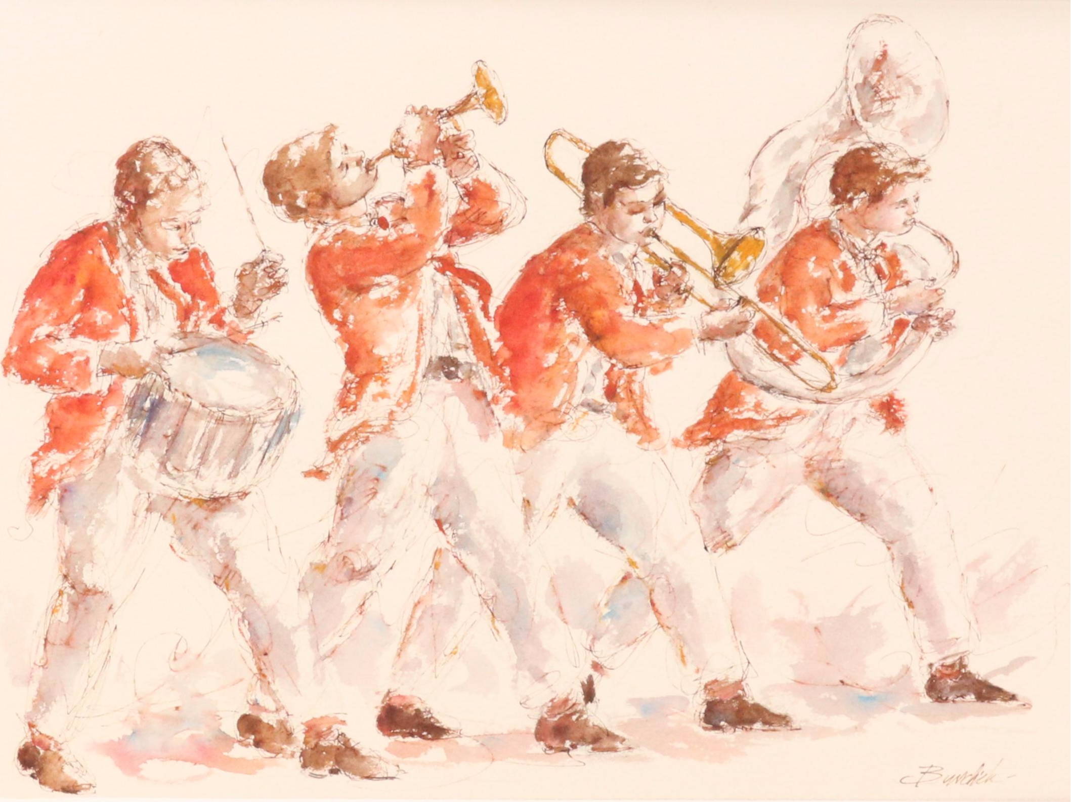 Charles Burdick Ink and Watercolor Painting of Marching Band, 20th Century