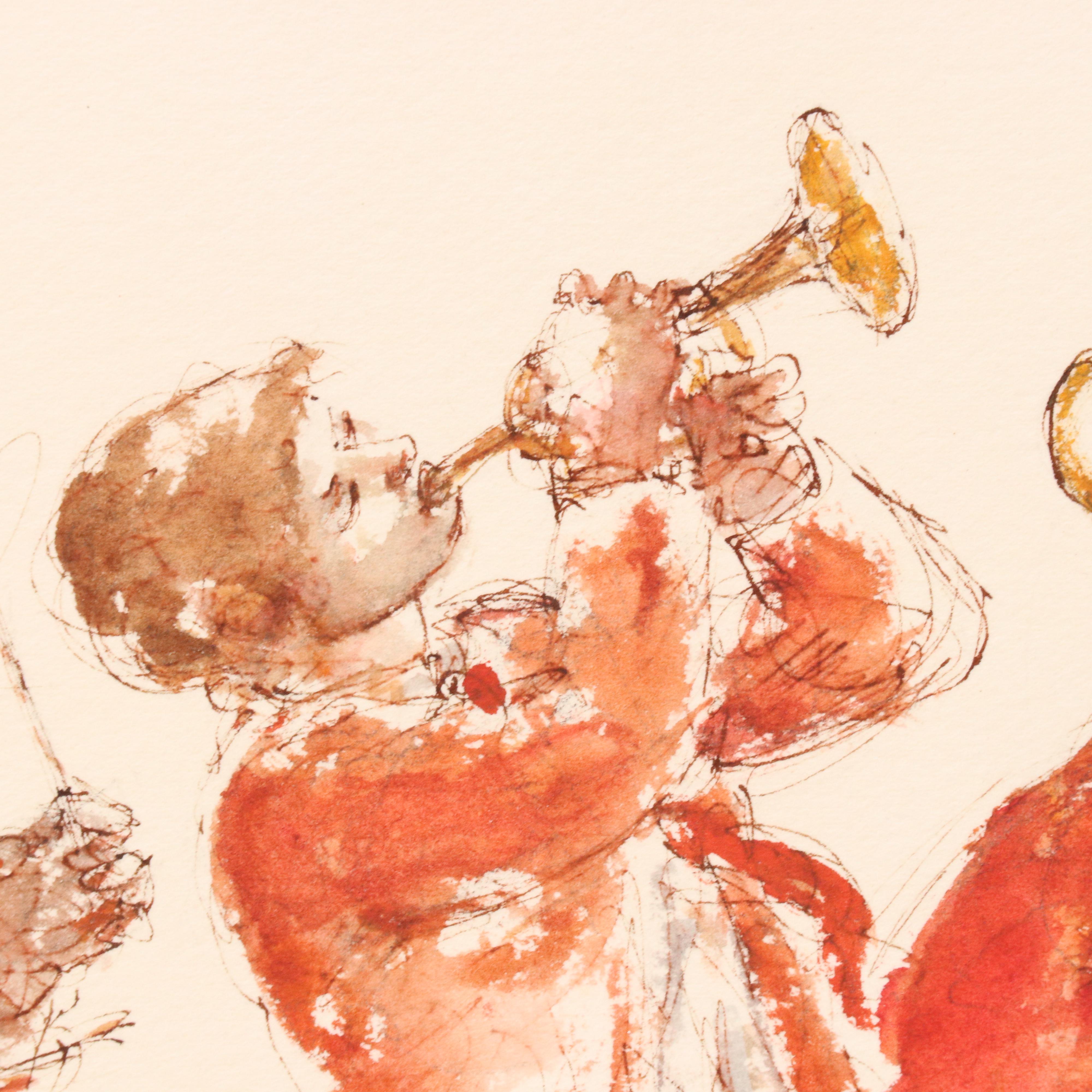 Charles Burdick Ink and Watercolor Painting of Marching Band, 20th Century