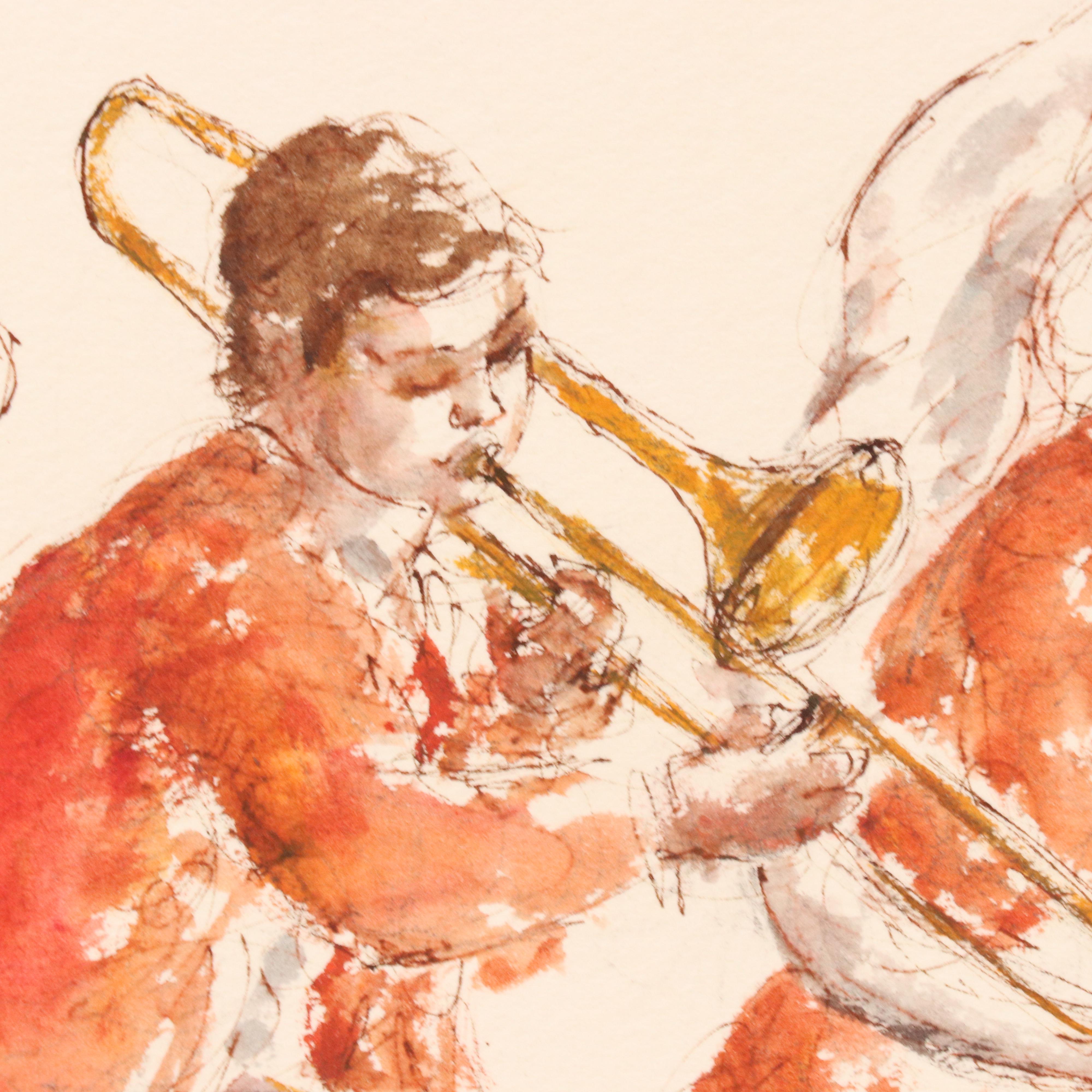 Charles Burdick Ink and Watercolor Painting of Marching Band, 20th Century