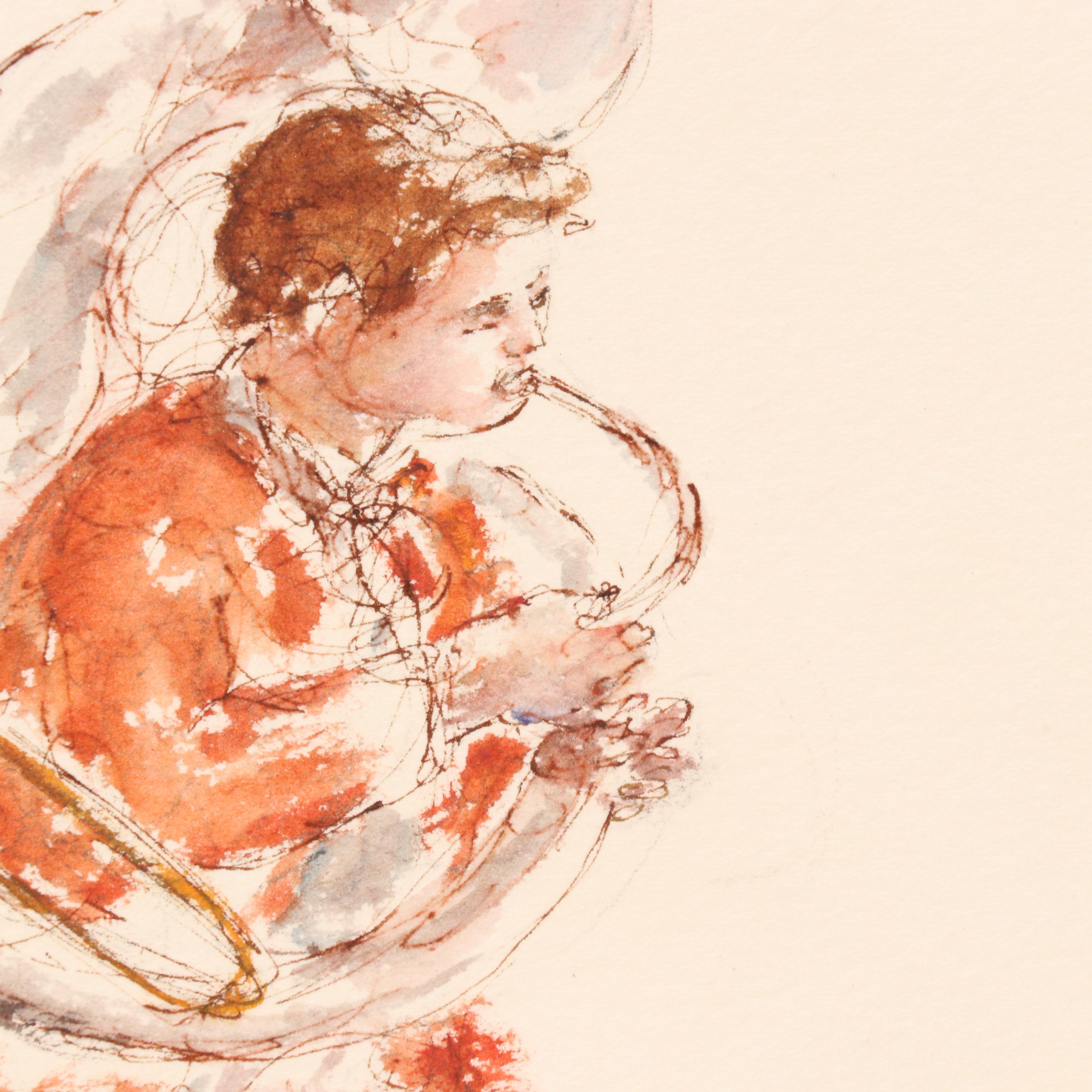 Charles Burdick Ink and Watercolor Painting of Marching Band, 20th Century