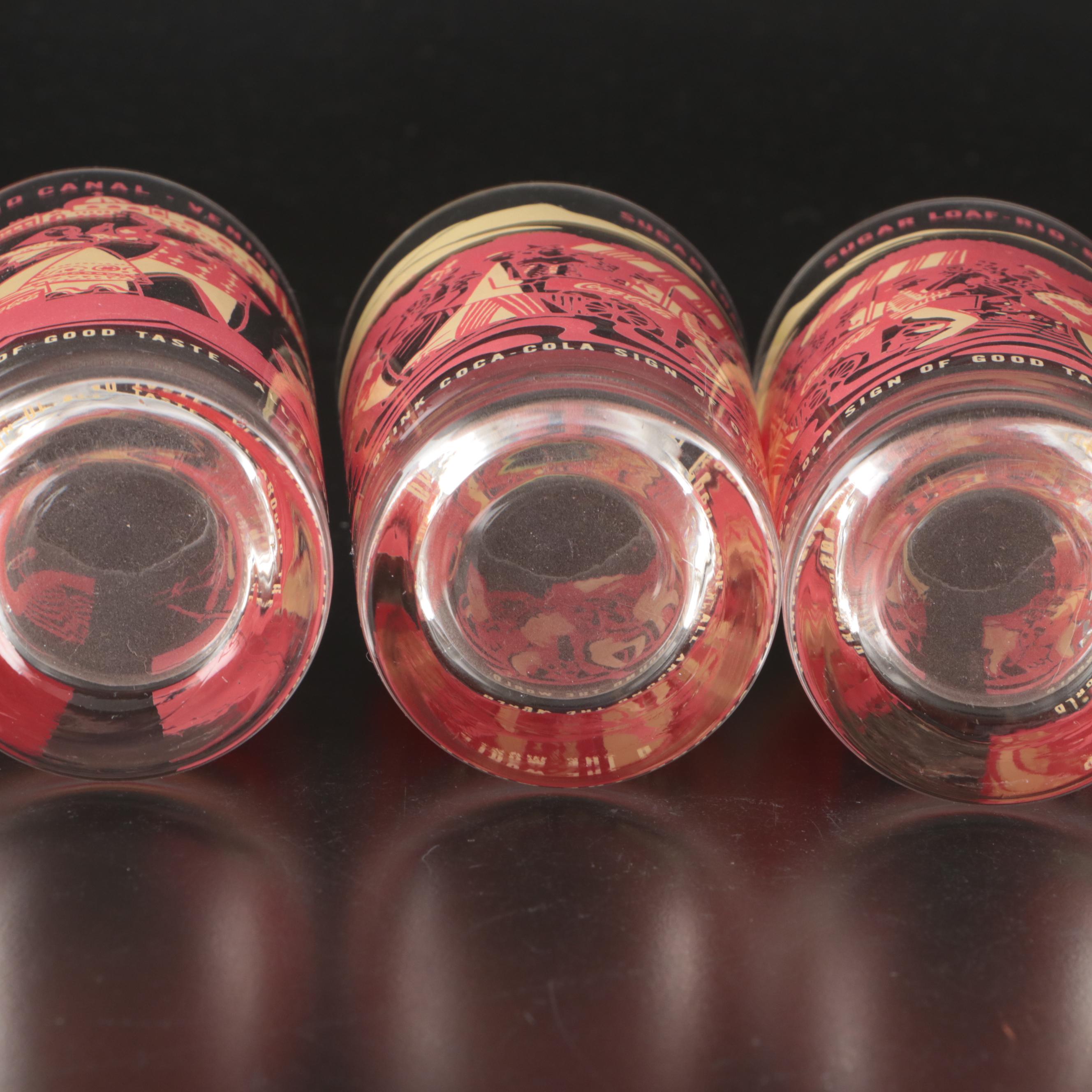 Coca-Cola Advertising Glass Tumblers in Caddy with Silver Plate Trivets