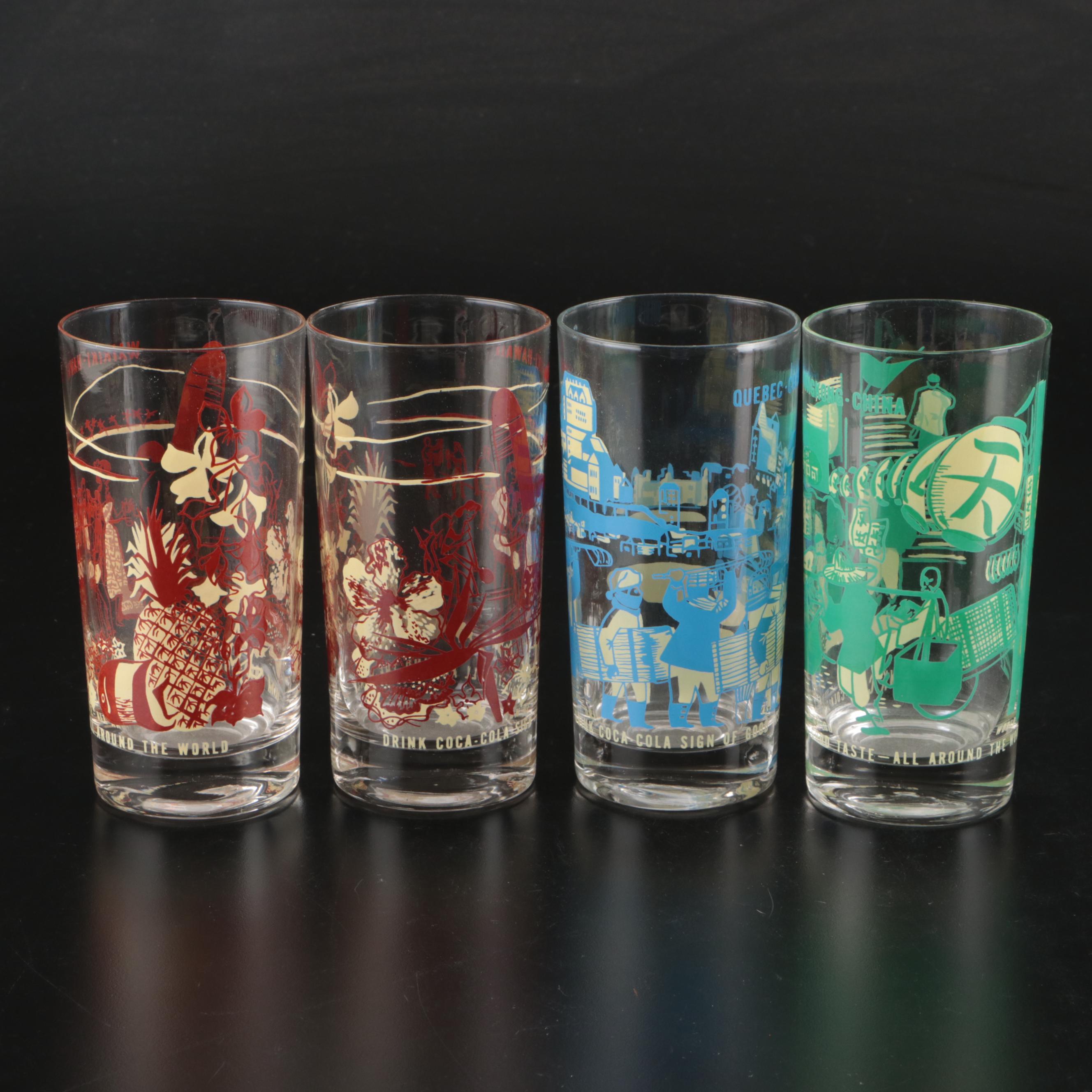 Coca-Cola Advertising Glass Tumblers in Caddy with Silver Plate Trivets