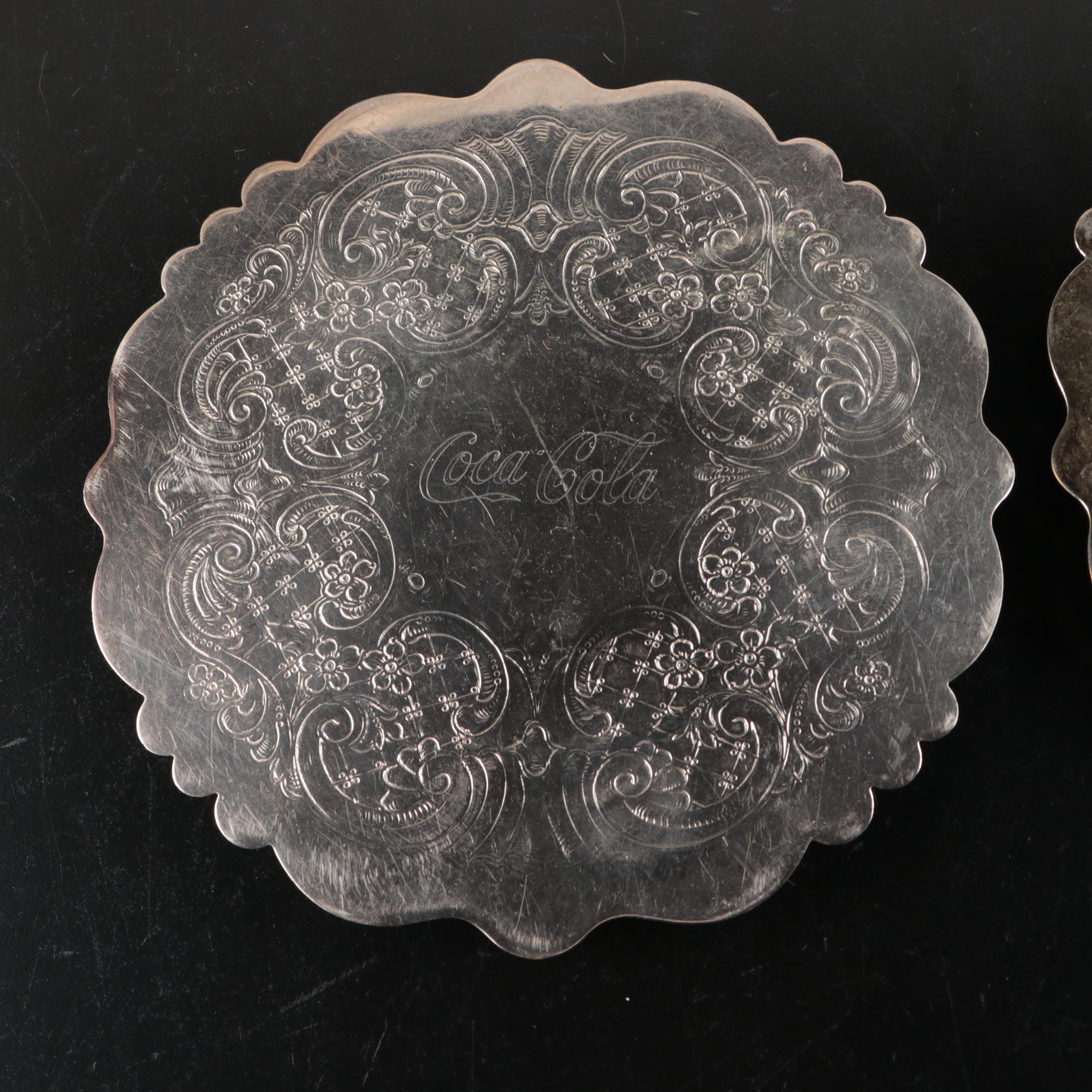 Coca-Cola Advertising Glass Tumblers in Caddy with Silver Plate Trivets