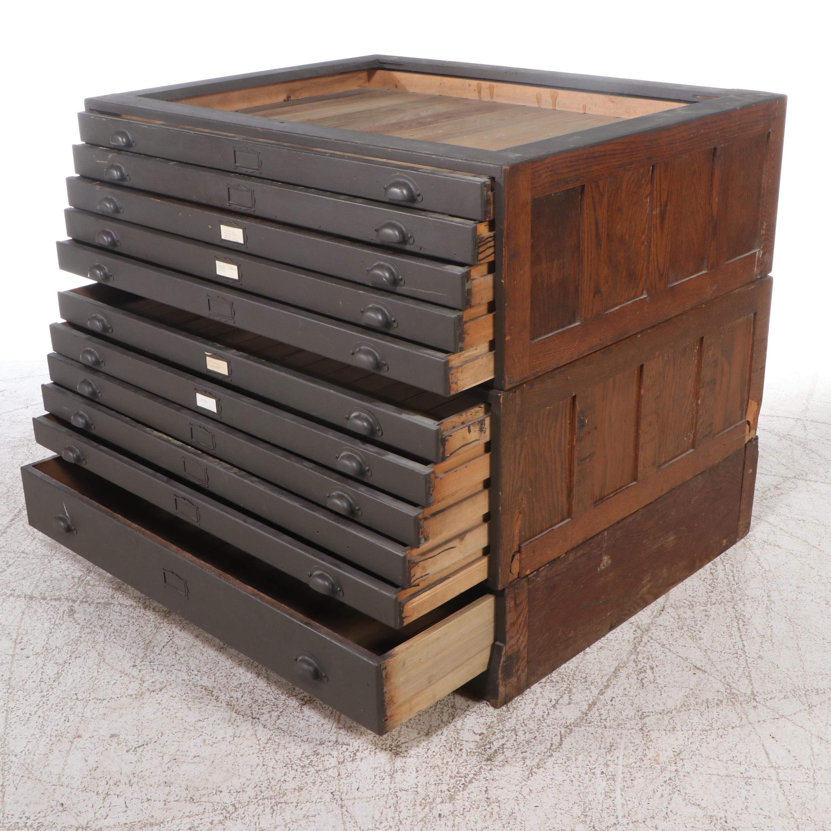 Parcel-Painted Oak Flat File Cabinet, Early 20th Century