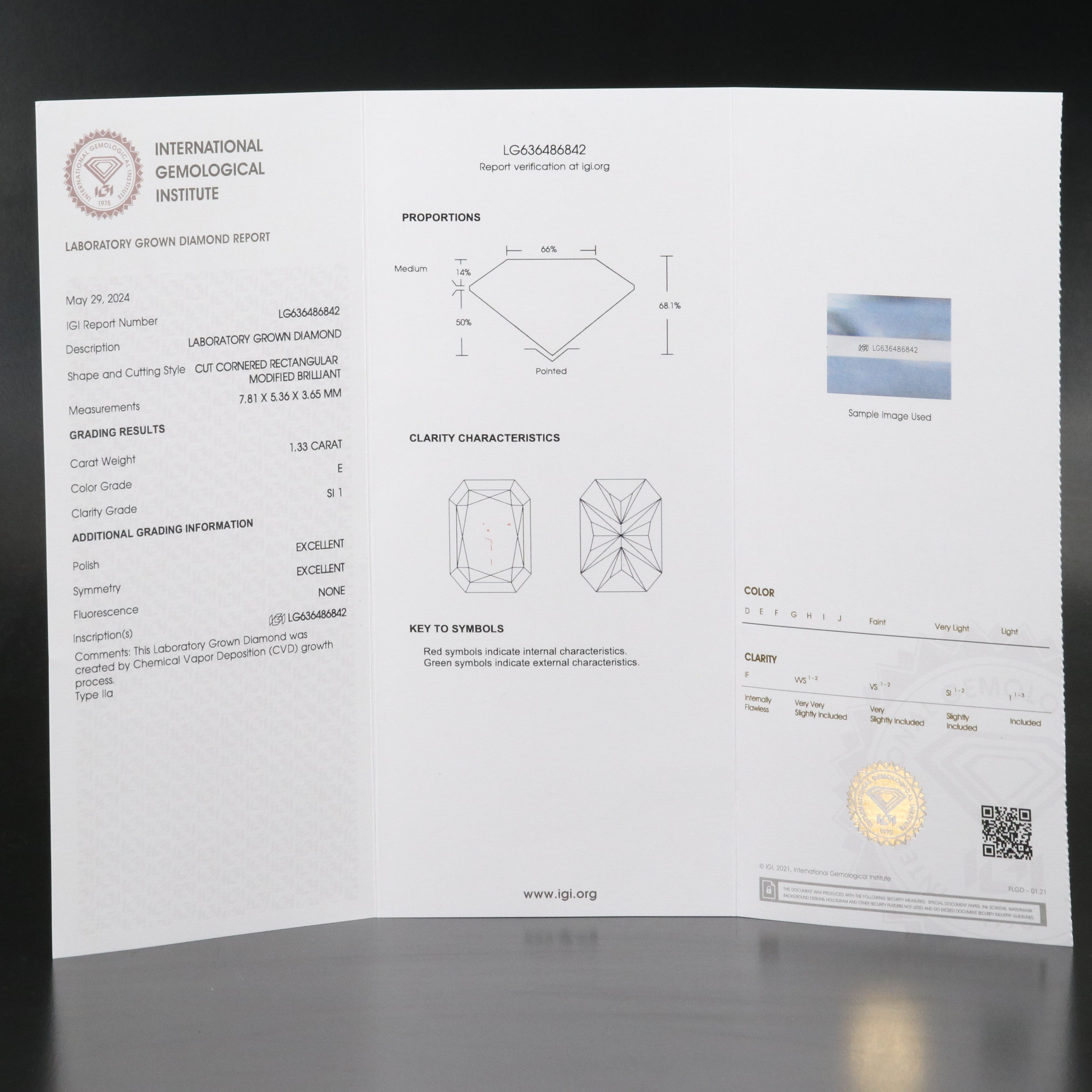 Loose 1.33 CT Lab Grown Diamond with IGI Report