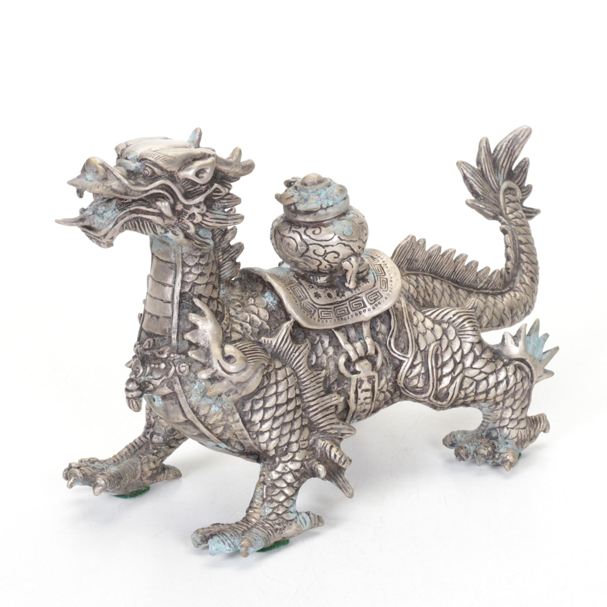 Polished Metal Tibetan Luck Dragon Statue