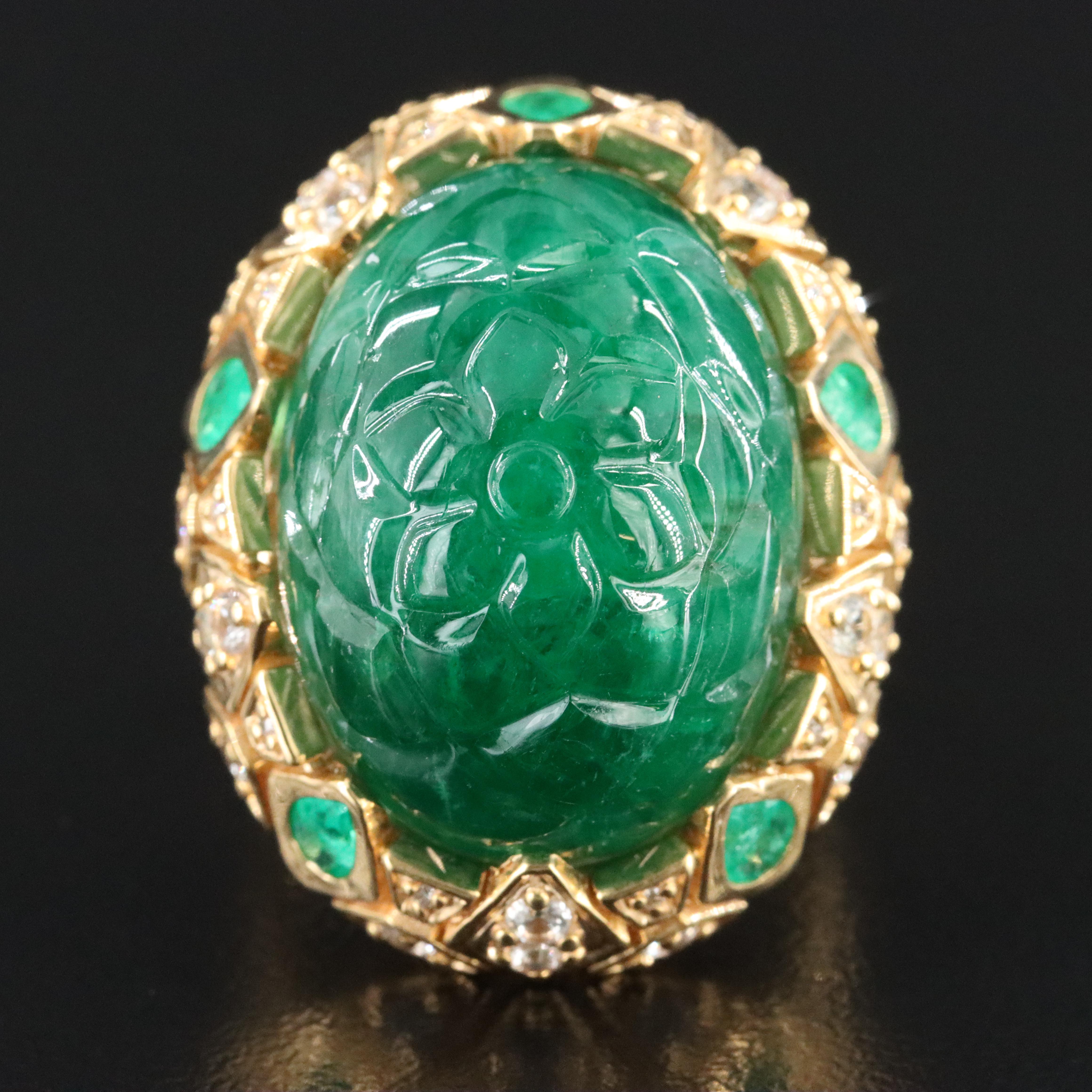 14K 34.23 CT Carved Emerald, Sapphire, and Diamond Ring with IGI Jewelry Report