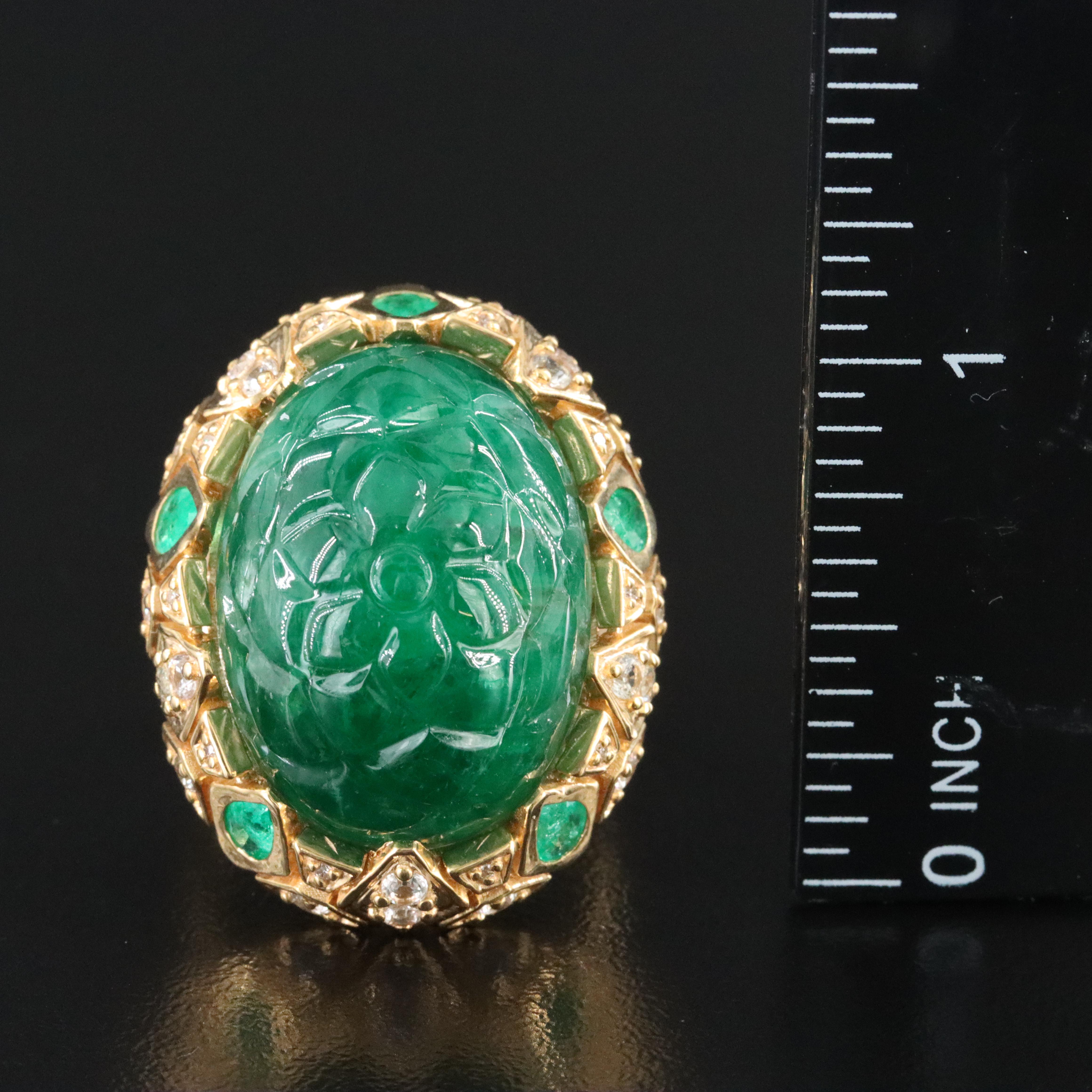 14K 34.23 CT Carved Emerald, Sapphire, and Diamond Ring with IGI Jewelry Report
