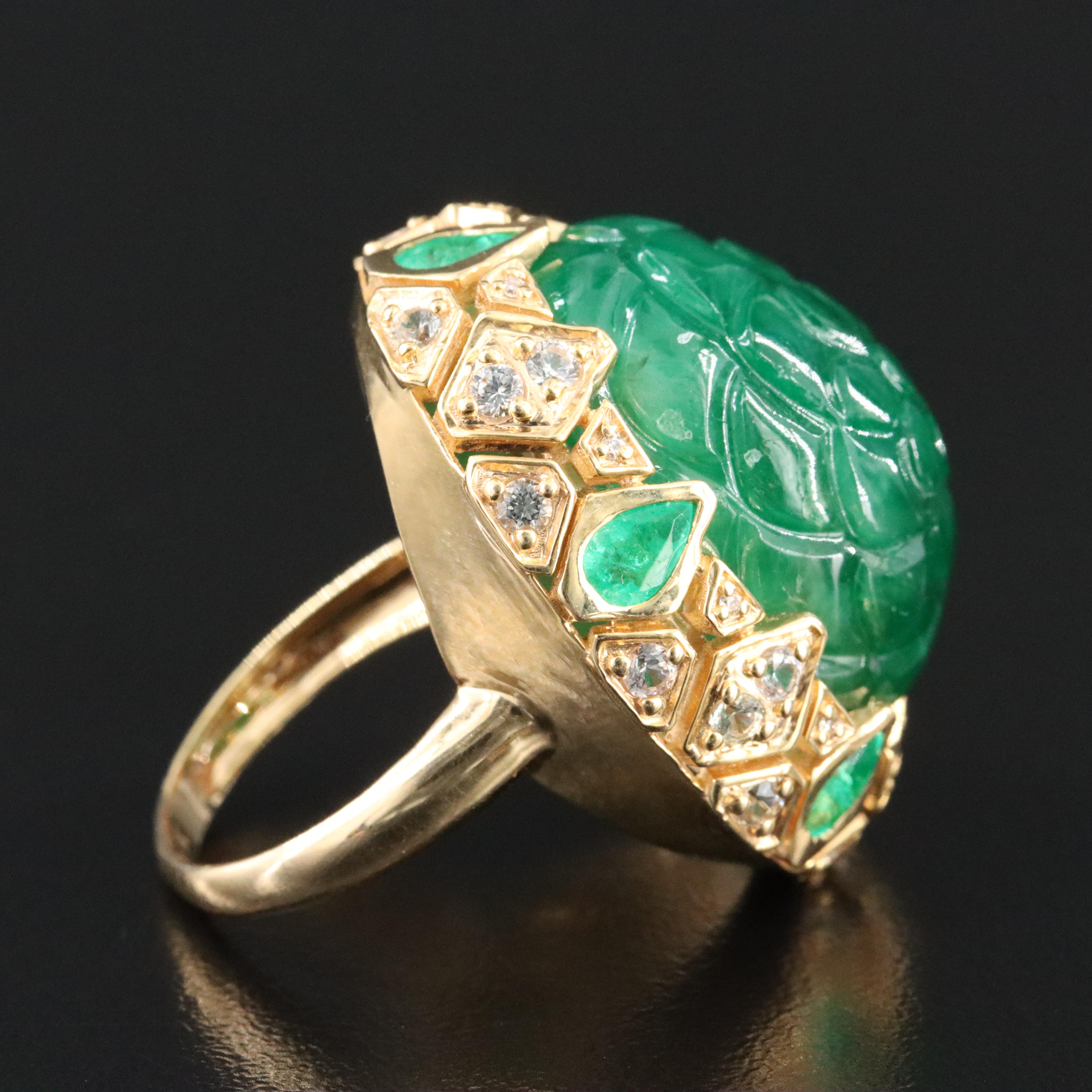 14K 34.23 CT Carved Emerald, Sapphire, and Diamond Ring with IGI Jewelry Report