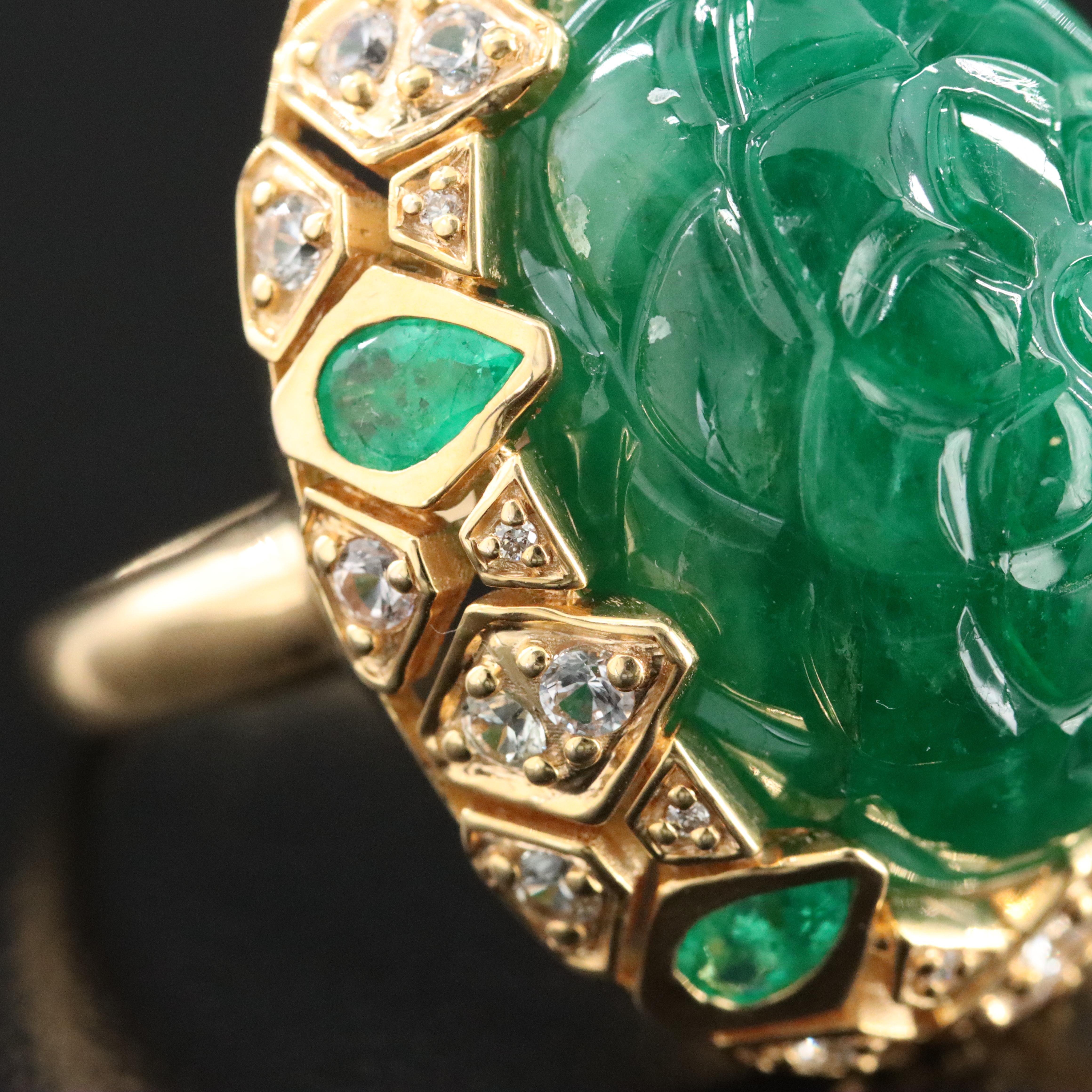 14K 34.23 CT Carved Emerald, Sapphire, and Diamond Ring with IGI Jewelry Report