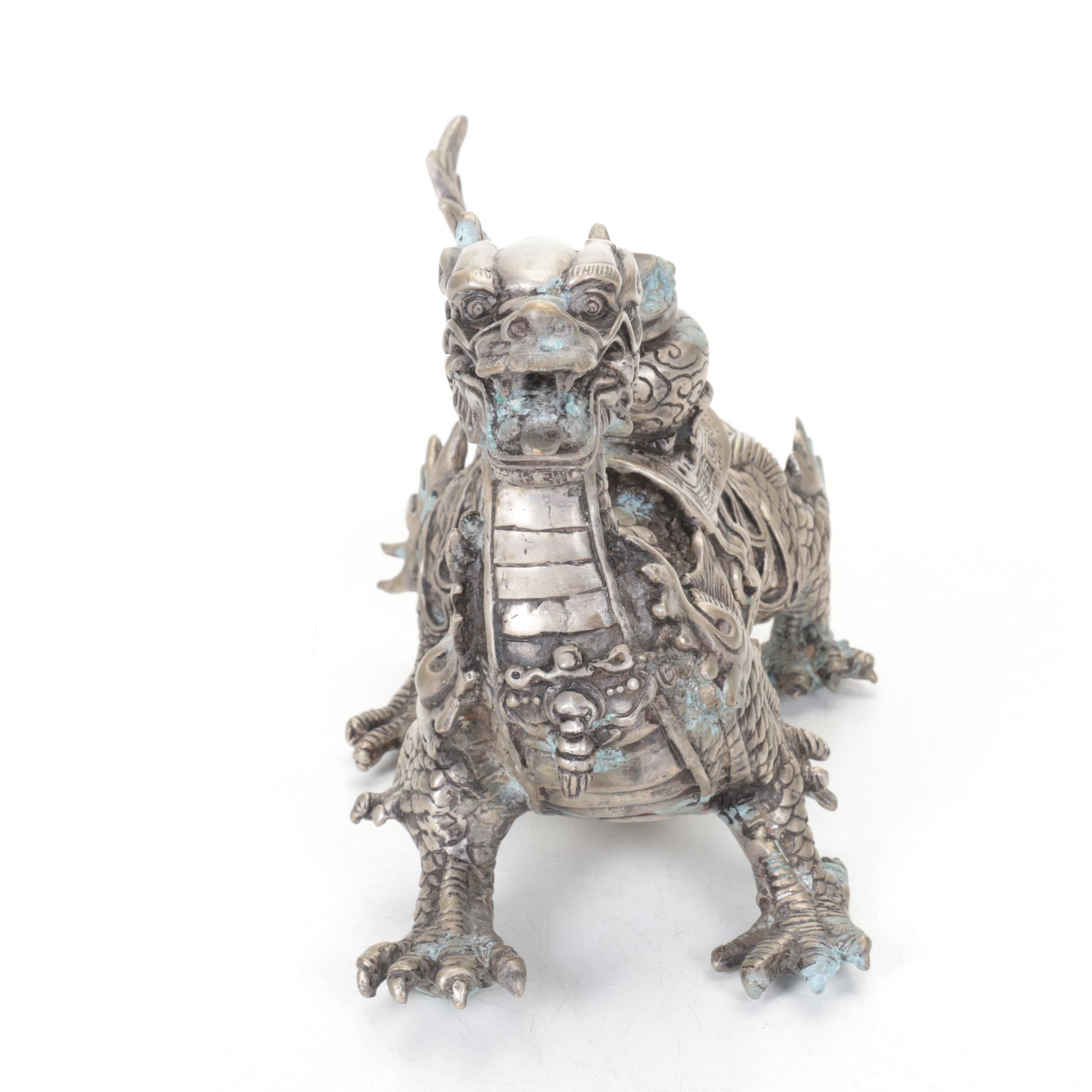 Polished Metal Tibetan Luck Dragon Statue