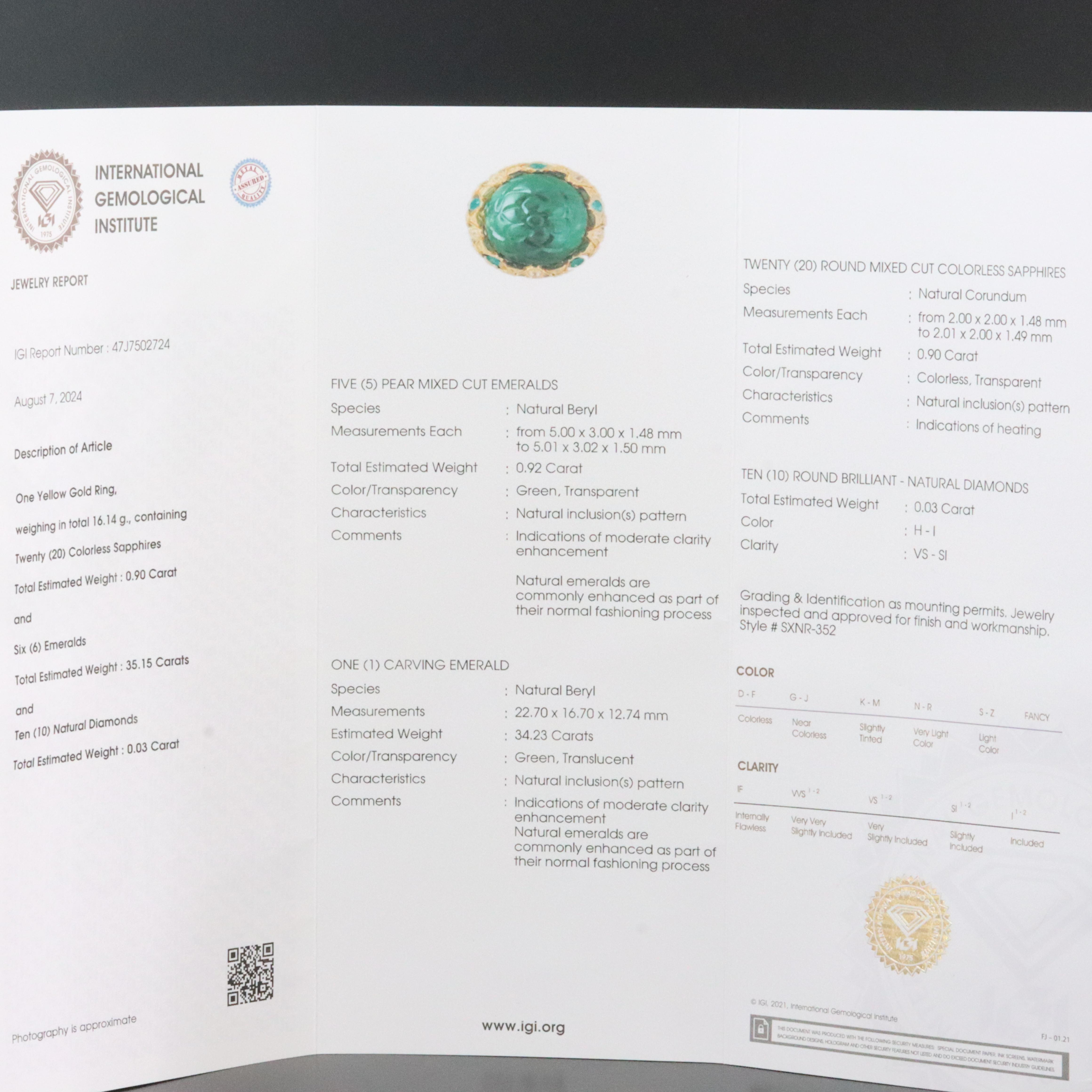 14K 34.23 CT Carved Emerald, Sapphire, and Diamond Ring with IGI Jewelry Report