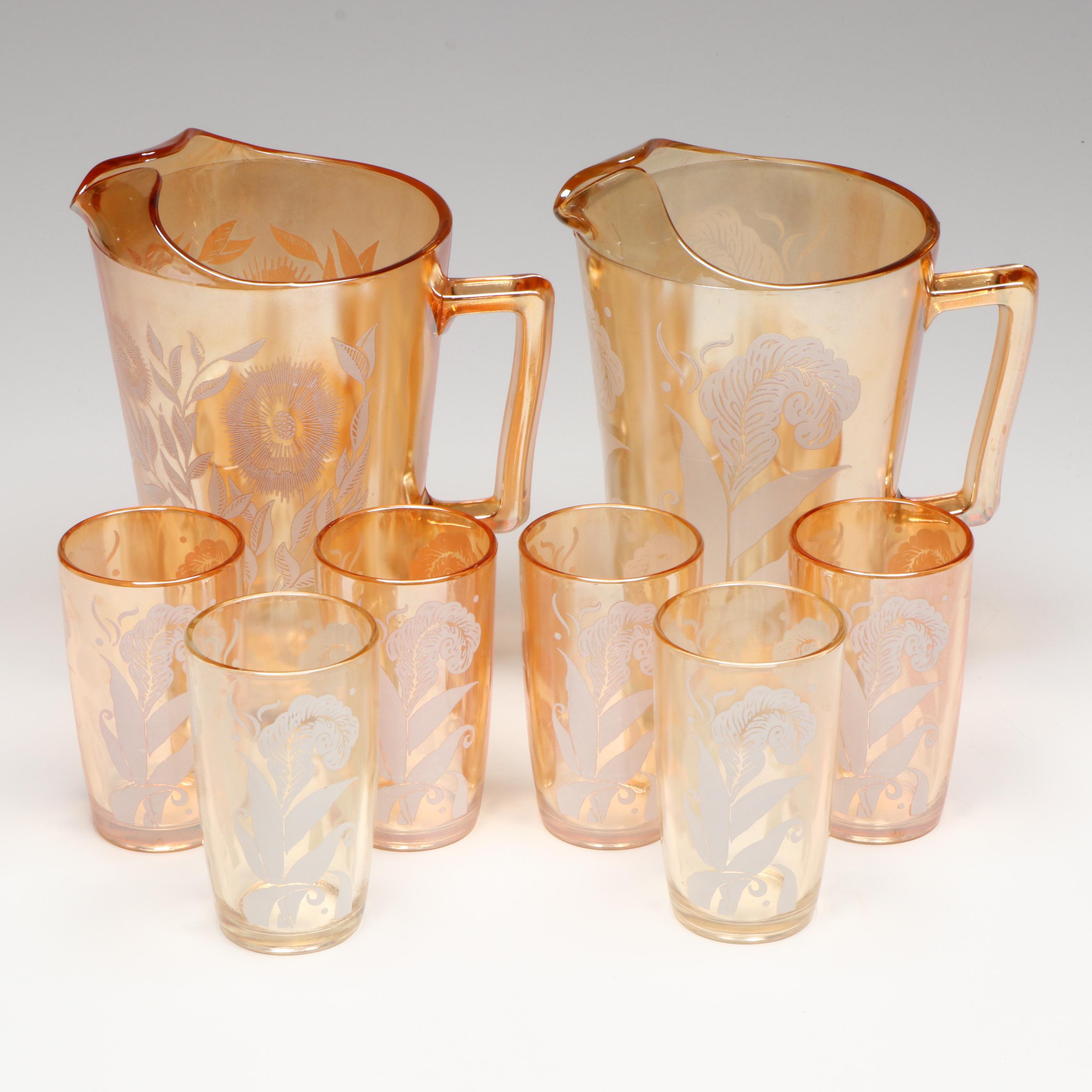 Jeannette Glass "Cosmos" Peach Lusterware Pitchers and Tumblers