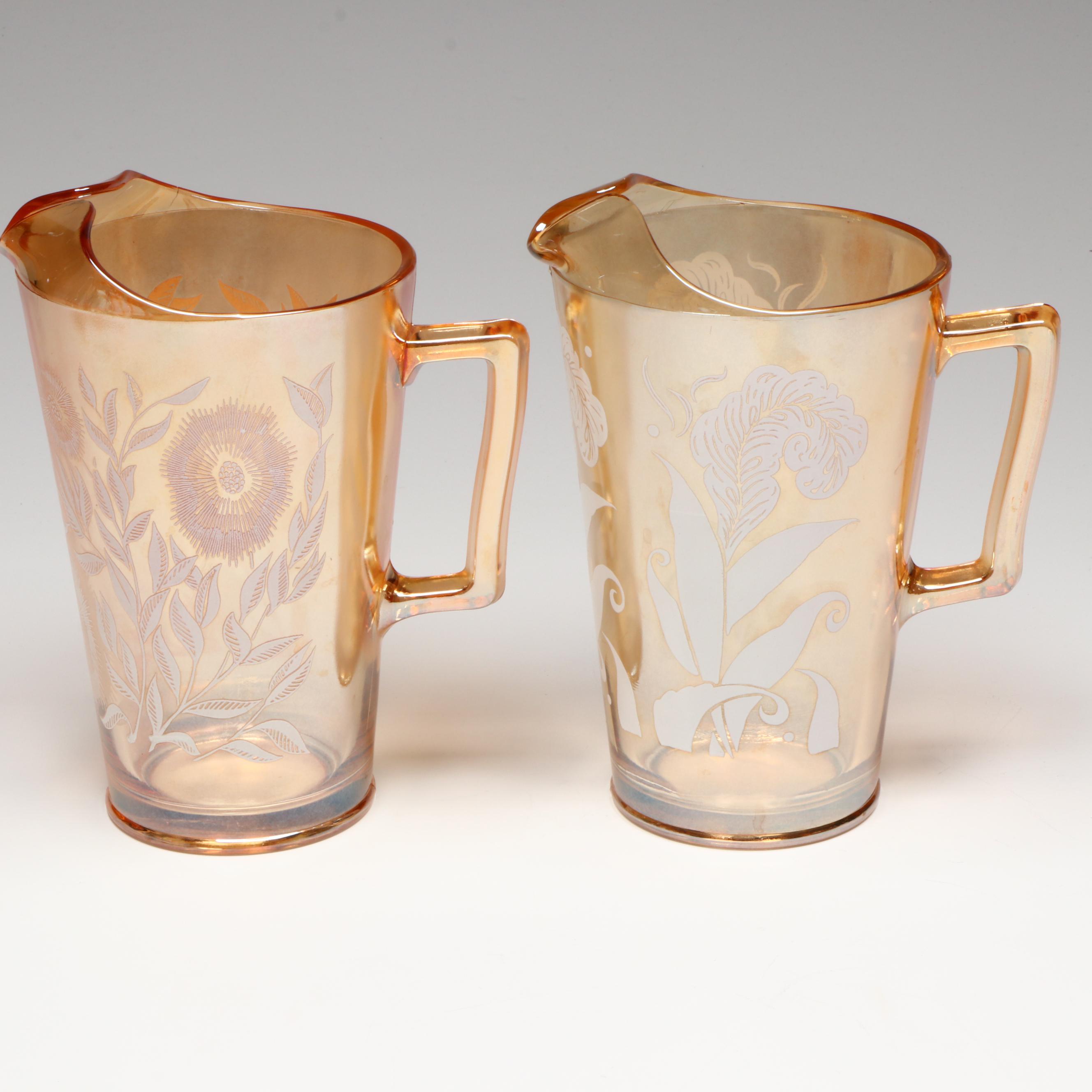 Jeannette Glass "Cosmos" Peach Lusterware Pitchers and Tumblers