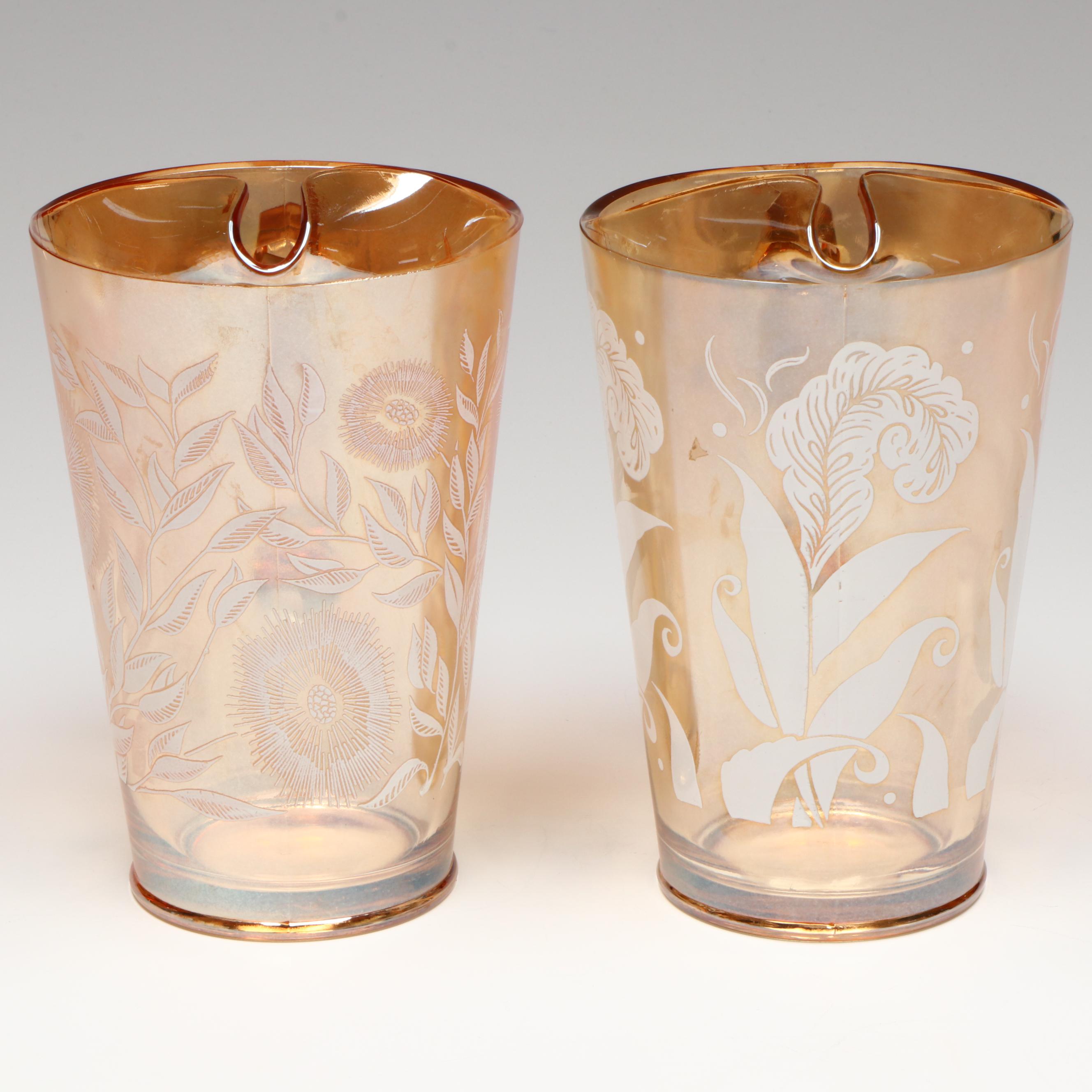 Jeannette Glass "Cosmos" Peach Lusterware Pitchers and Tumblers