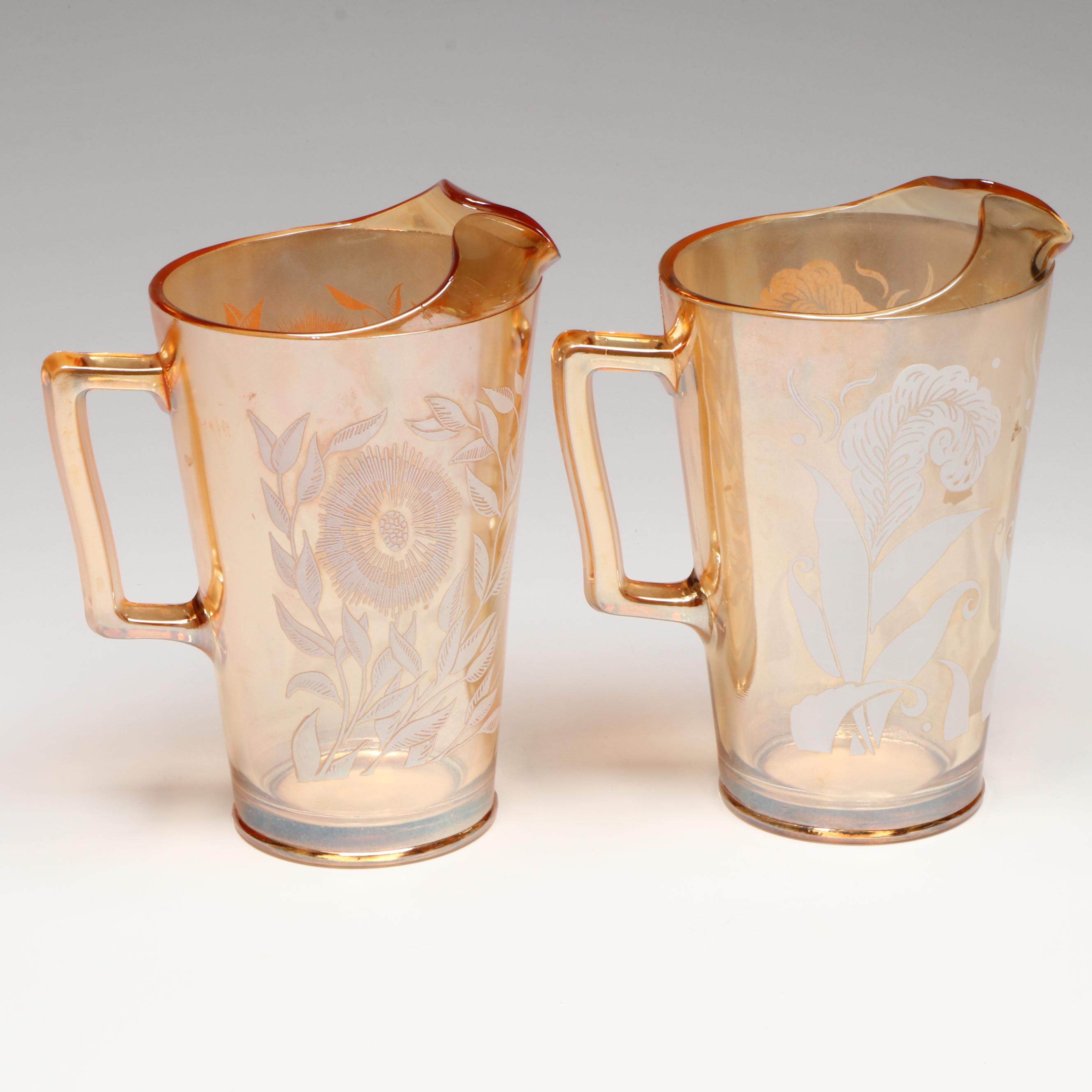Jeannette Glass "Cosmos" Peach Lusterware Pitchers and Tumblers