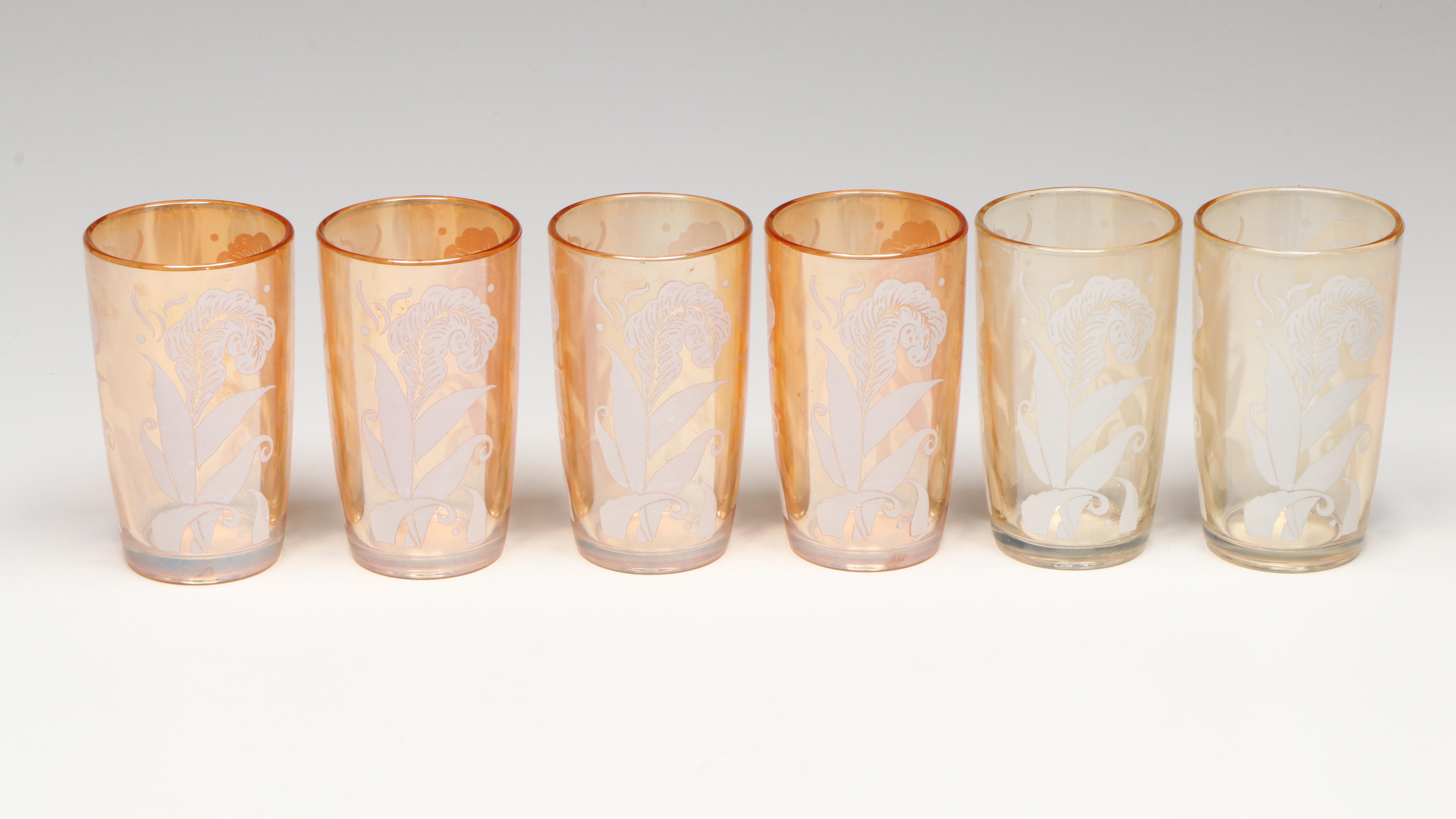 Jeannette Glass "Cosmos" Peach Lusterware Pitchers and Tumblers