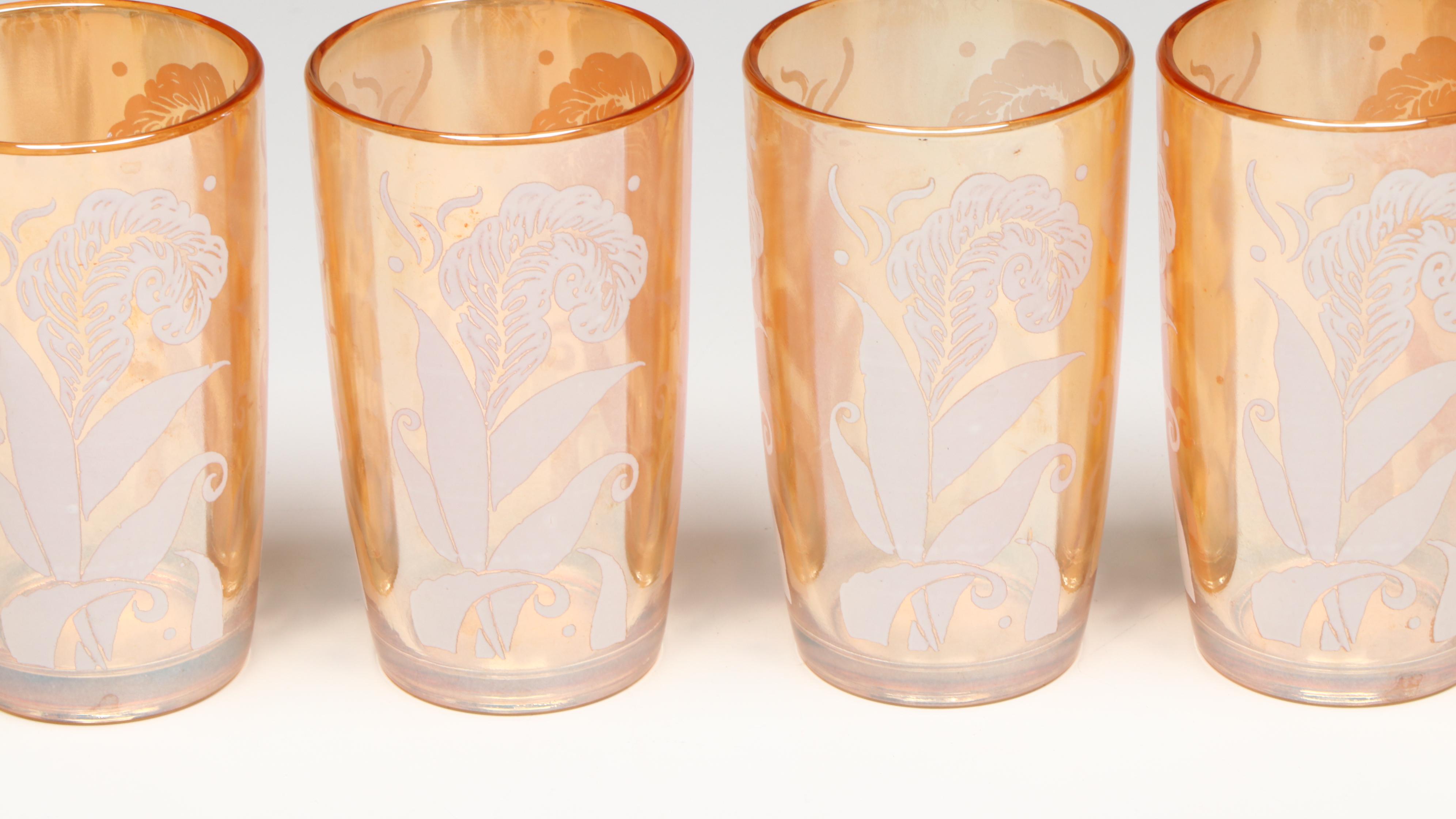 Jeannette Glass "Cosmos" Peach Lusterware Pitchers and Tumblers