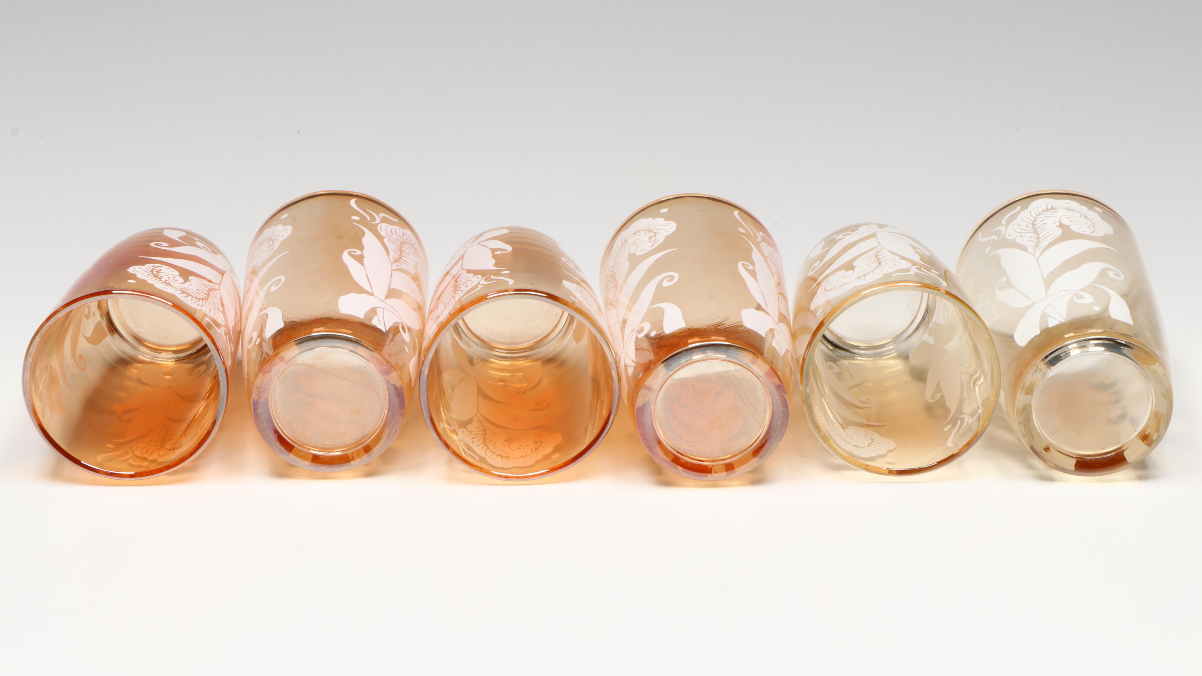 Jeannette Glass "Cosmos" Peach Lusterware Pitchers and Tumblers