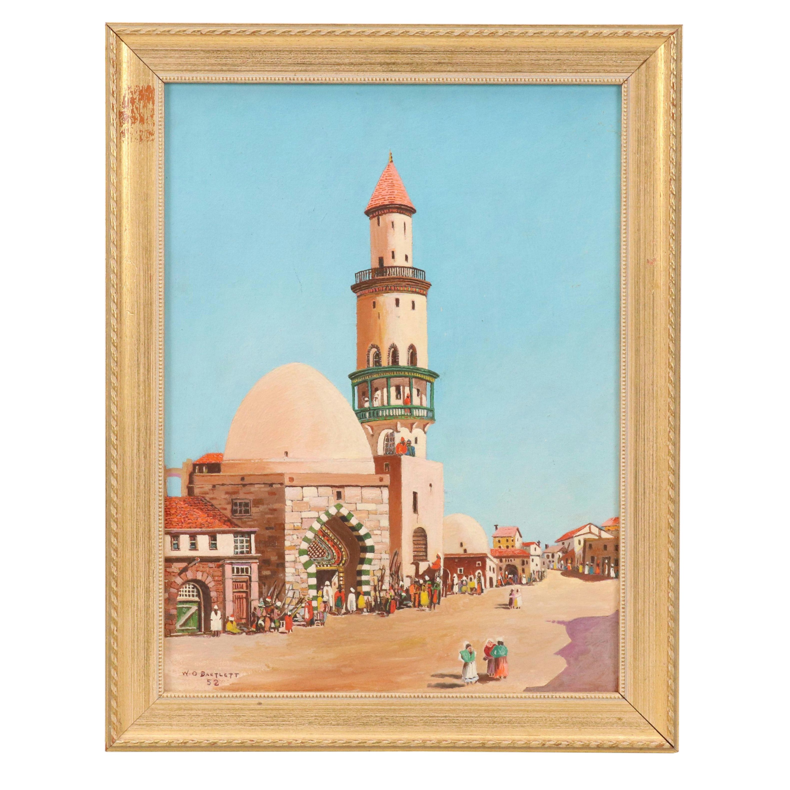 W. O. Bartlett Acrylic Painting of Tunisian Street Scene With Mosque, 1952