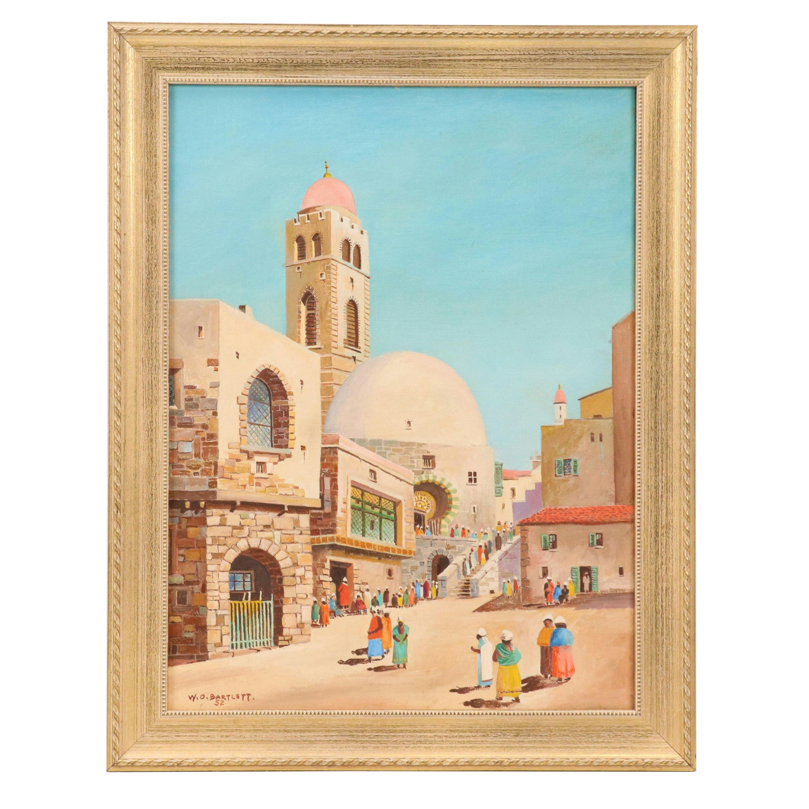 W. O. Bartlett Acrylic Painting of Tunisian Street Scene With Mosque, 1952