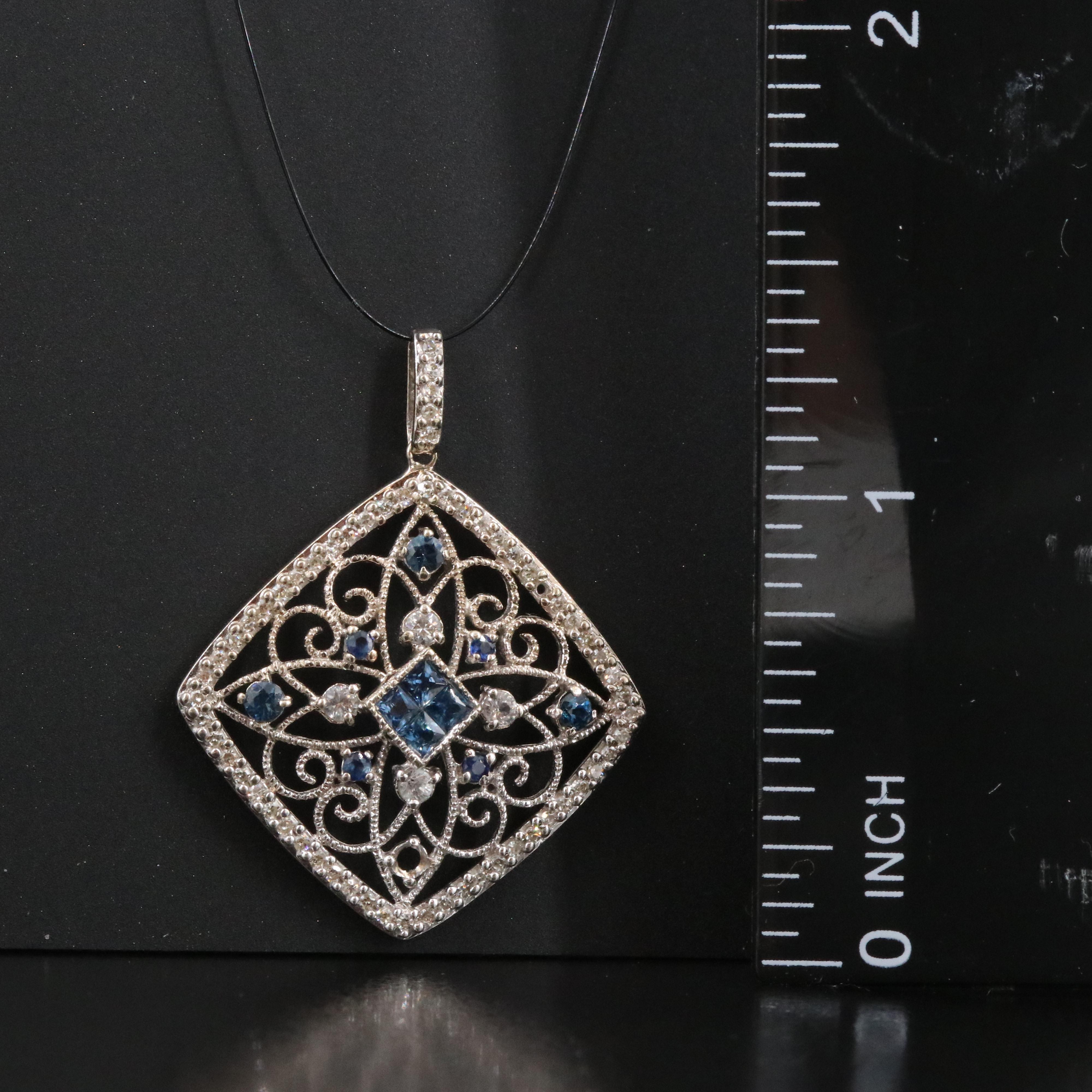 14K Sapphire, White Topaz and Diamond Filigree Pendant
