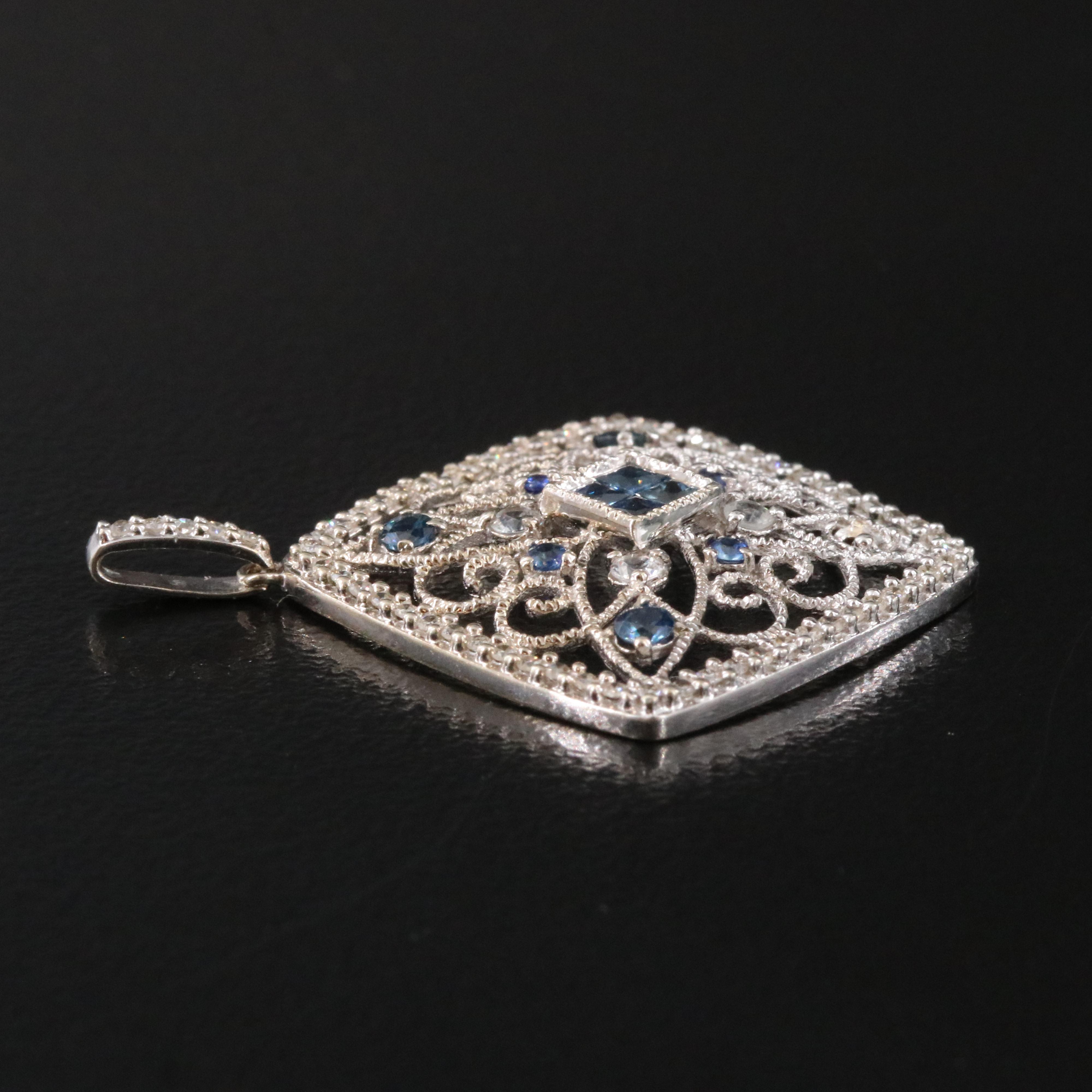 14K Sapphire, White Topaz and Diamond Filigree Pendant