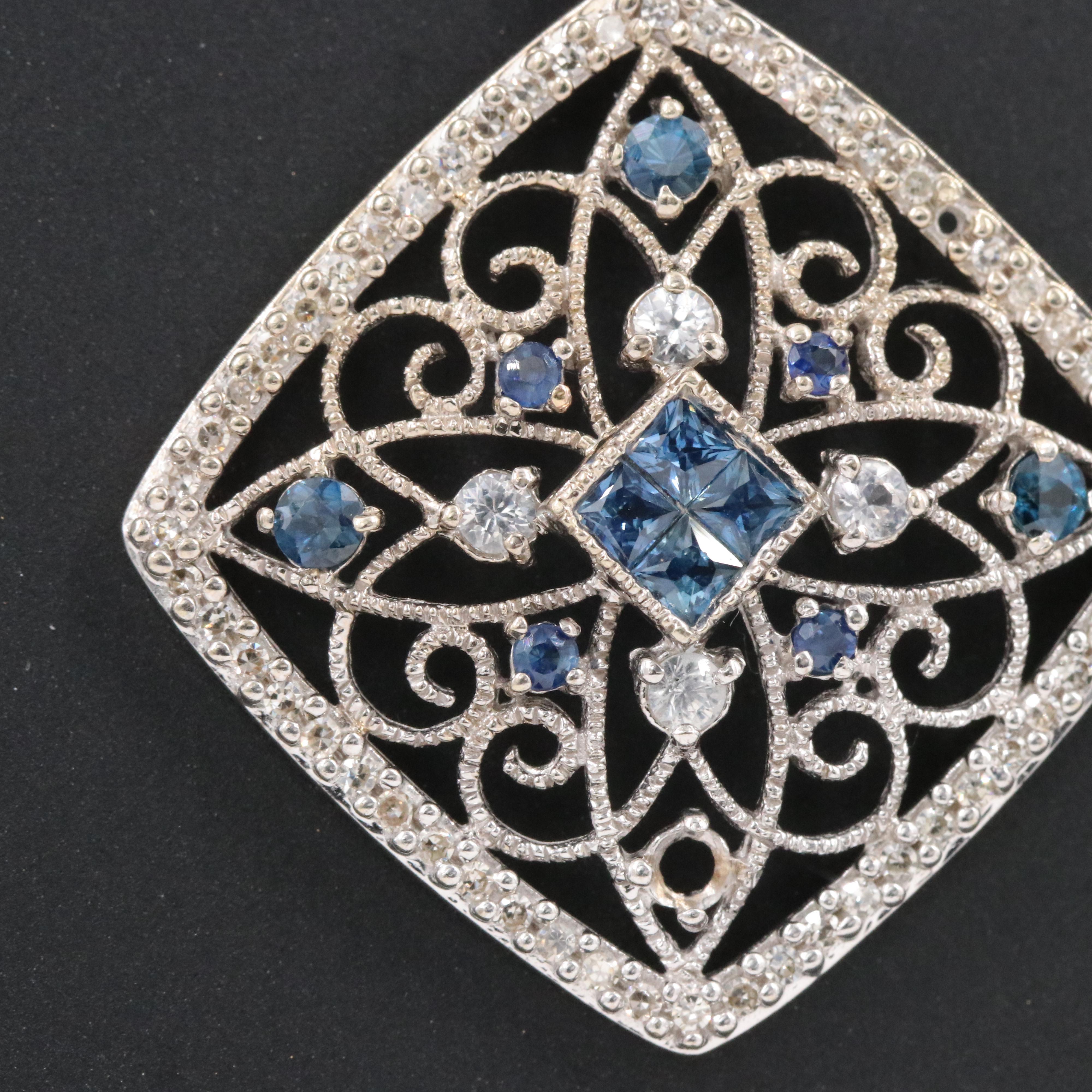 14K Sapphire, White Topaz and Diamond Filigree Pendant