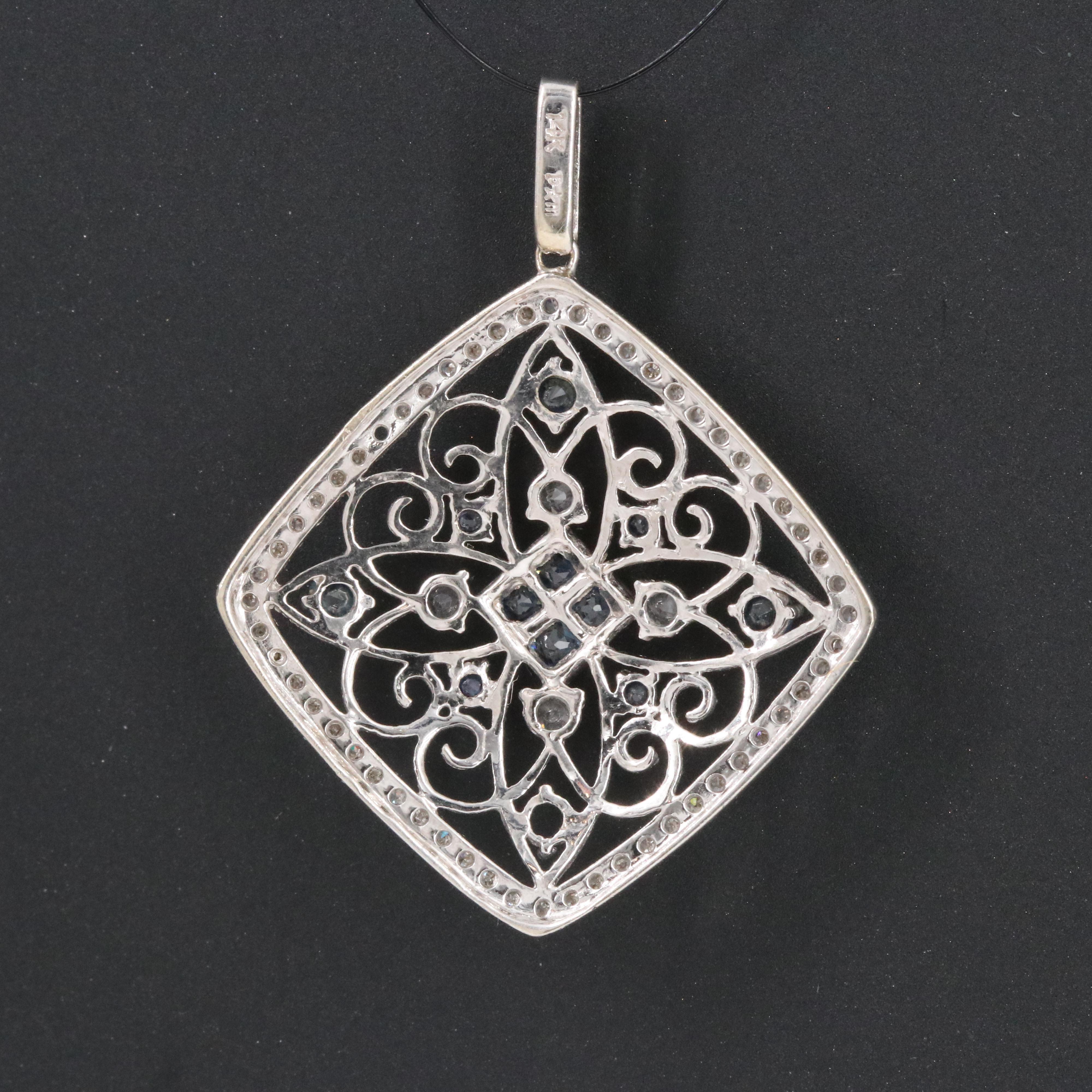 14K Sapphire, White Topaz and Diamond Filigree Pendant