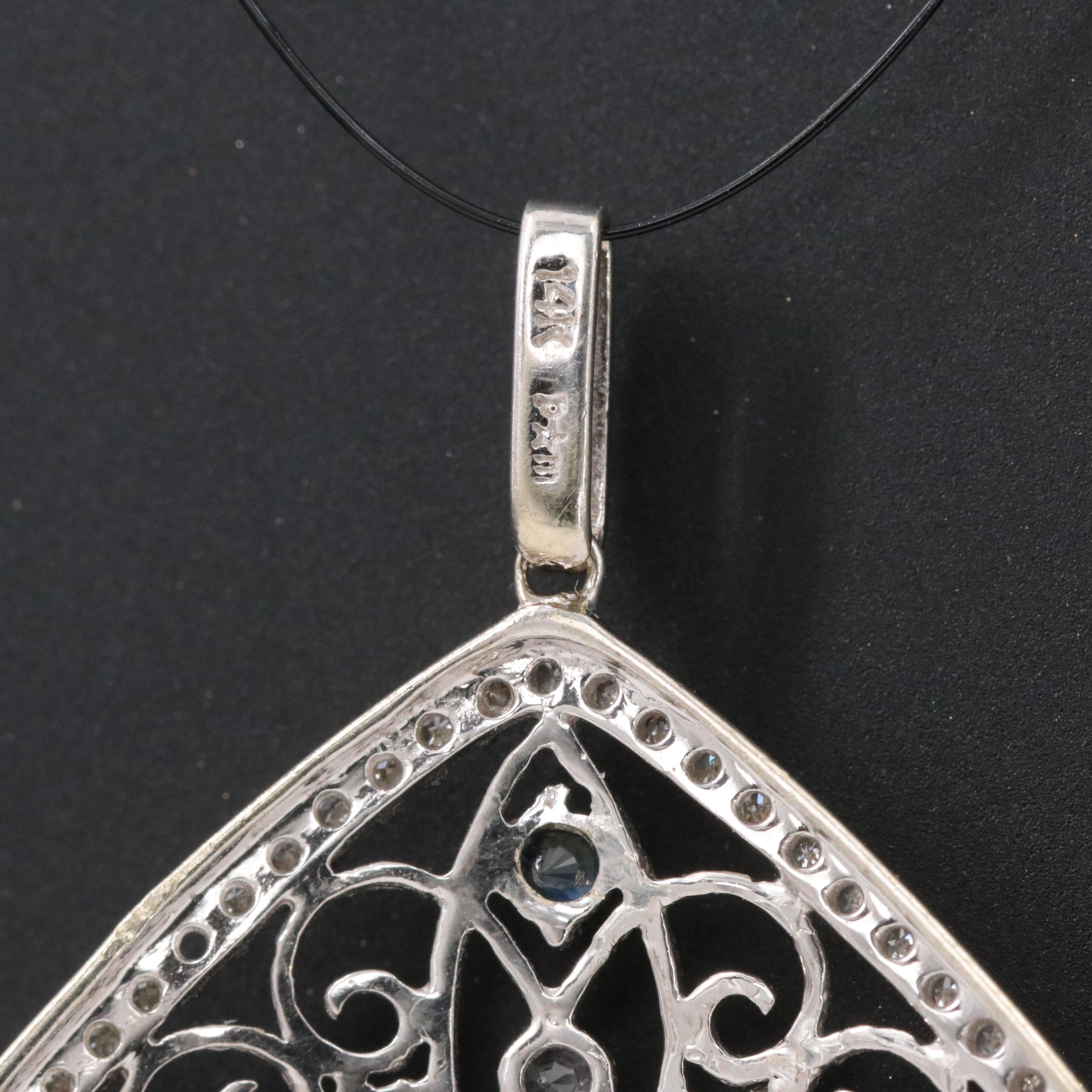 14K Sapphire, White Topaz and Diamond Filigree Pendant