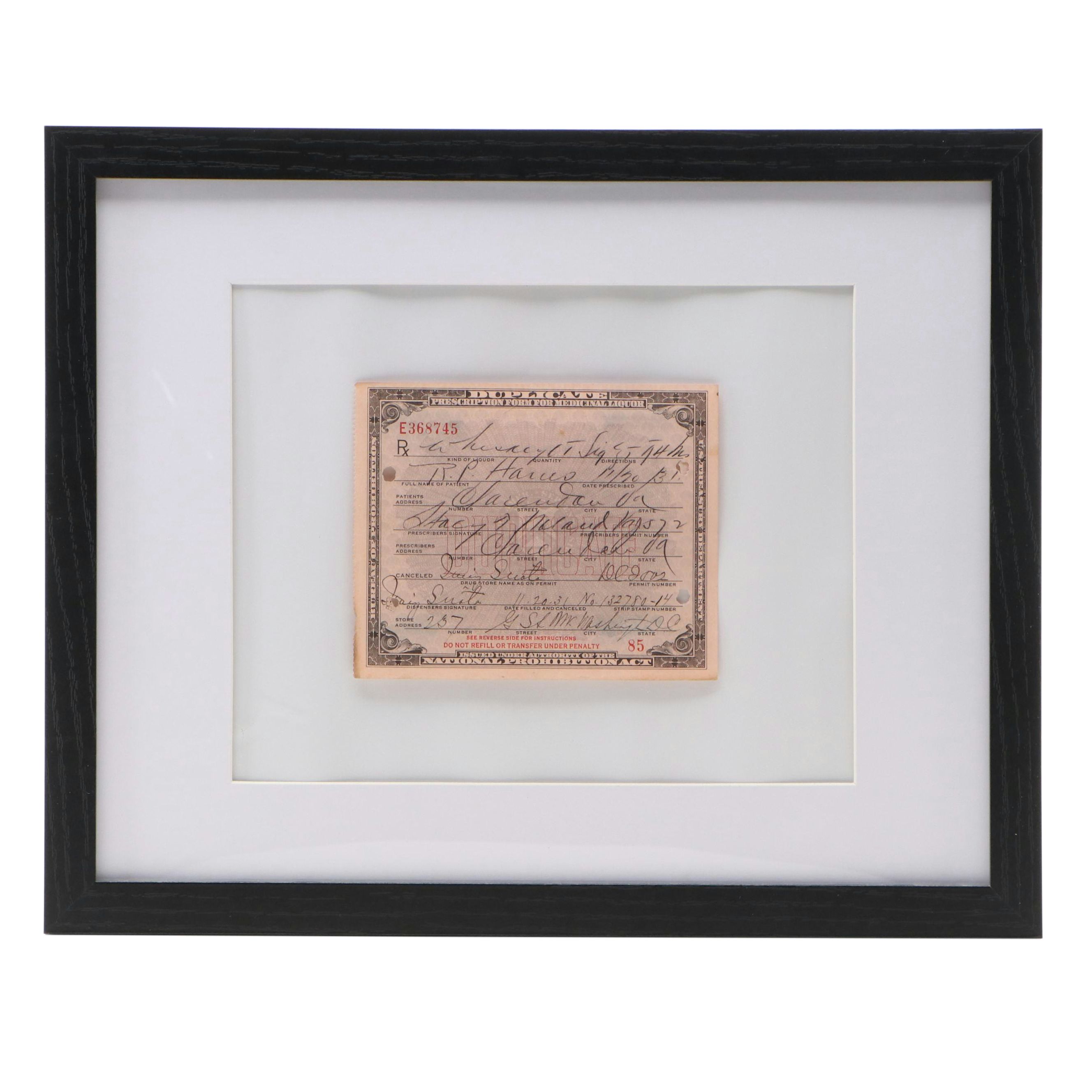 Prohibition Era Prescription Form For Whiskey, 1931