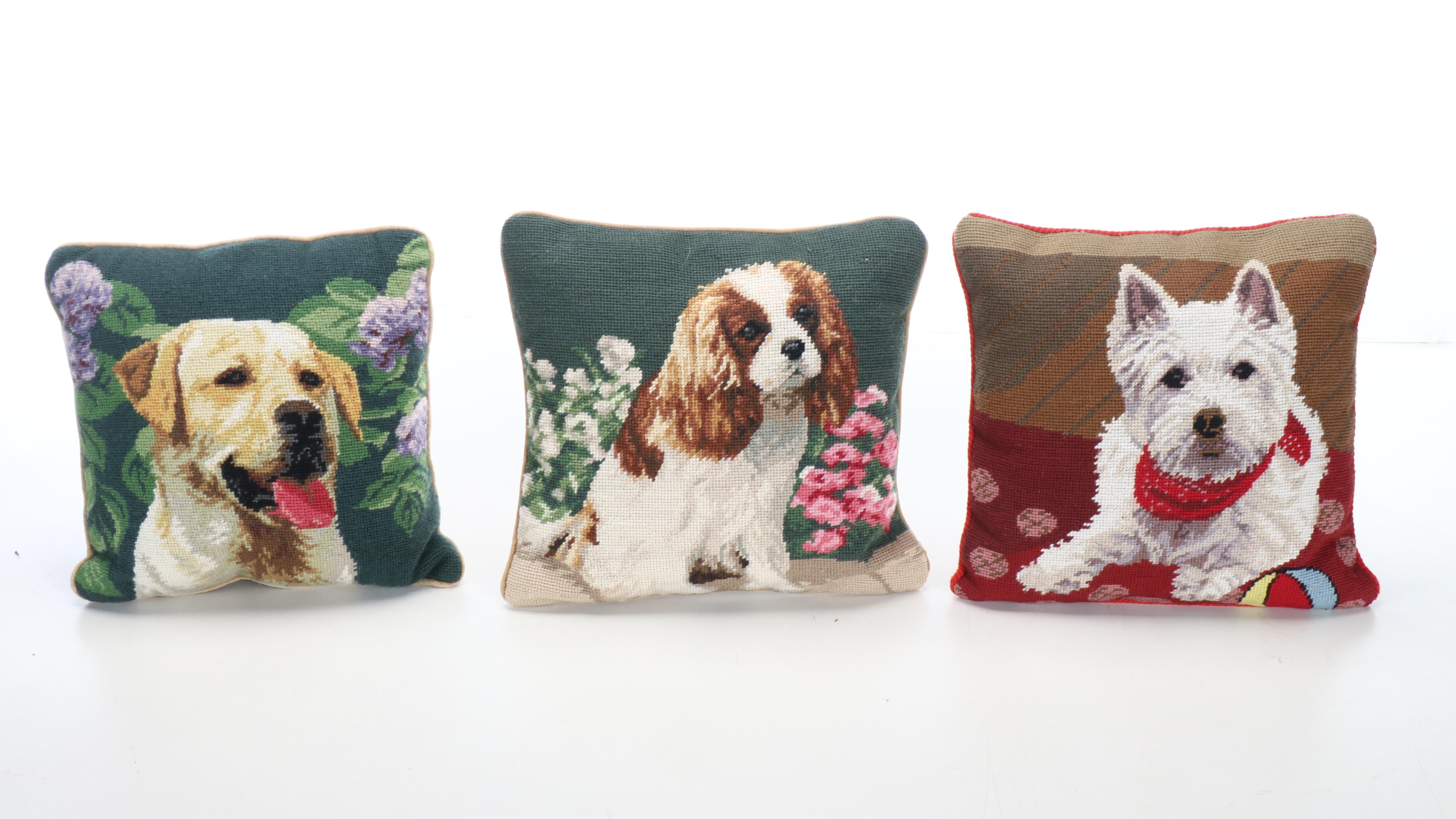 Handmade Needlepoint Dog Portrait Pillows, Hooked Wool Rabbits Rug