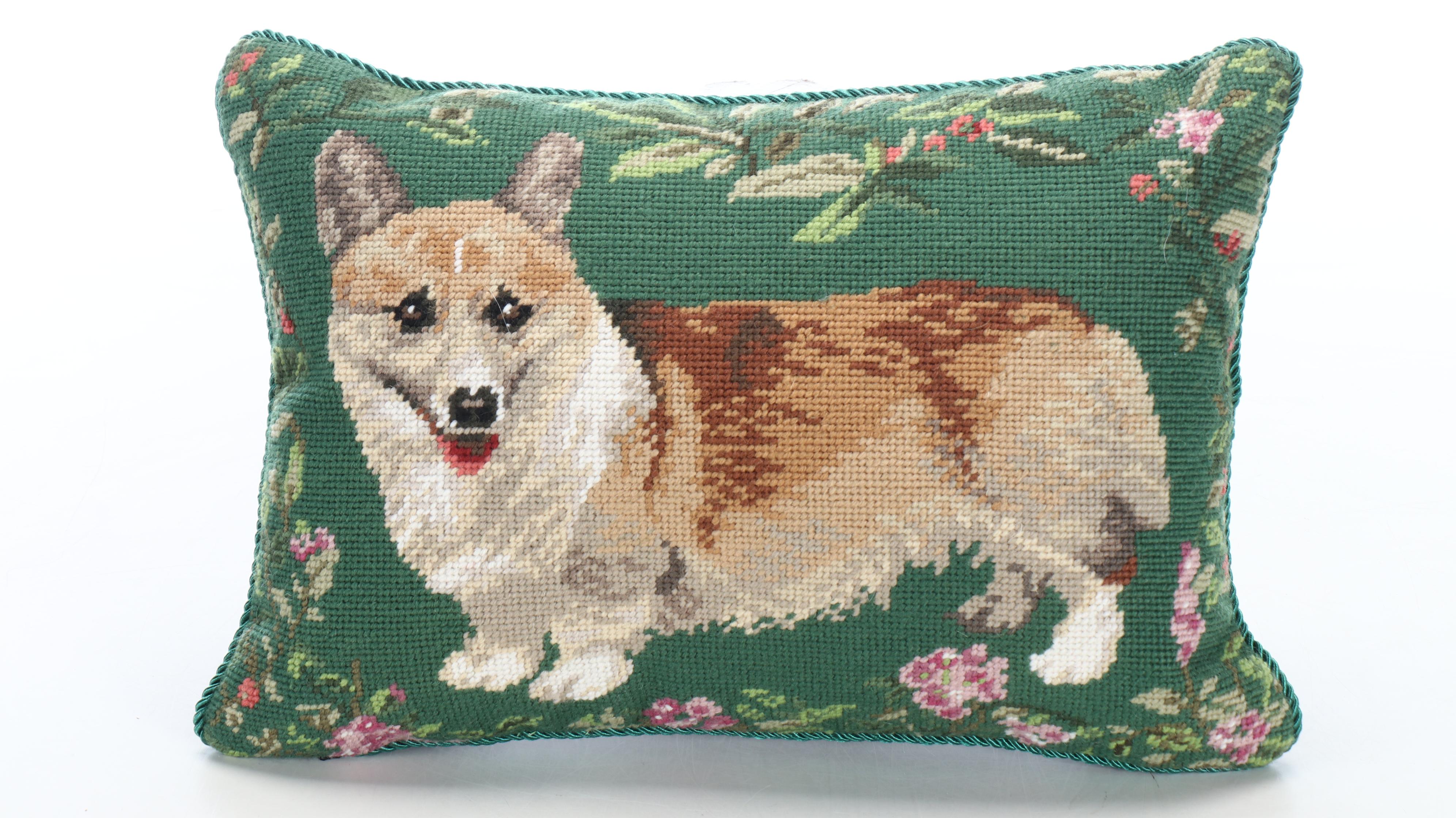 Handmade Needlepoint Dog Portrait Pillows, Hooked Wool Rabbits Rug