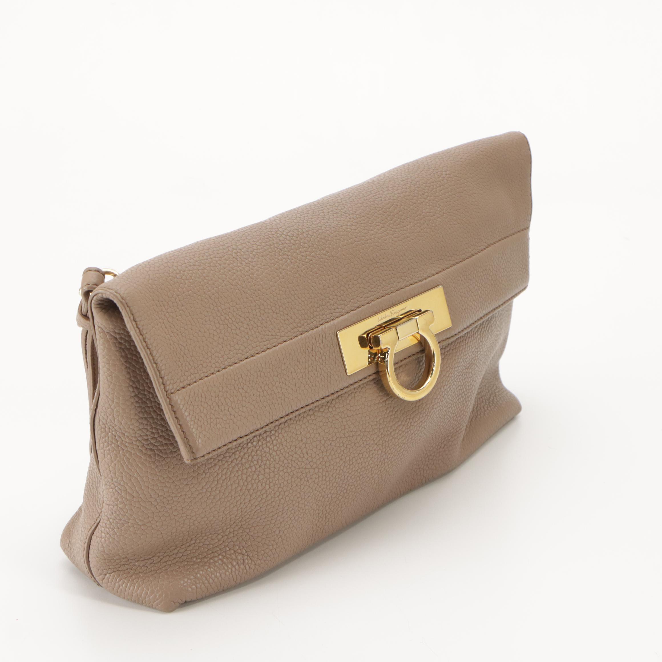 Salvatore Ferragamo Fold-Over Gancini Flap Clutch Bag in Taupe Grained Leather