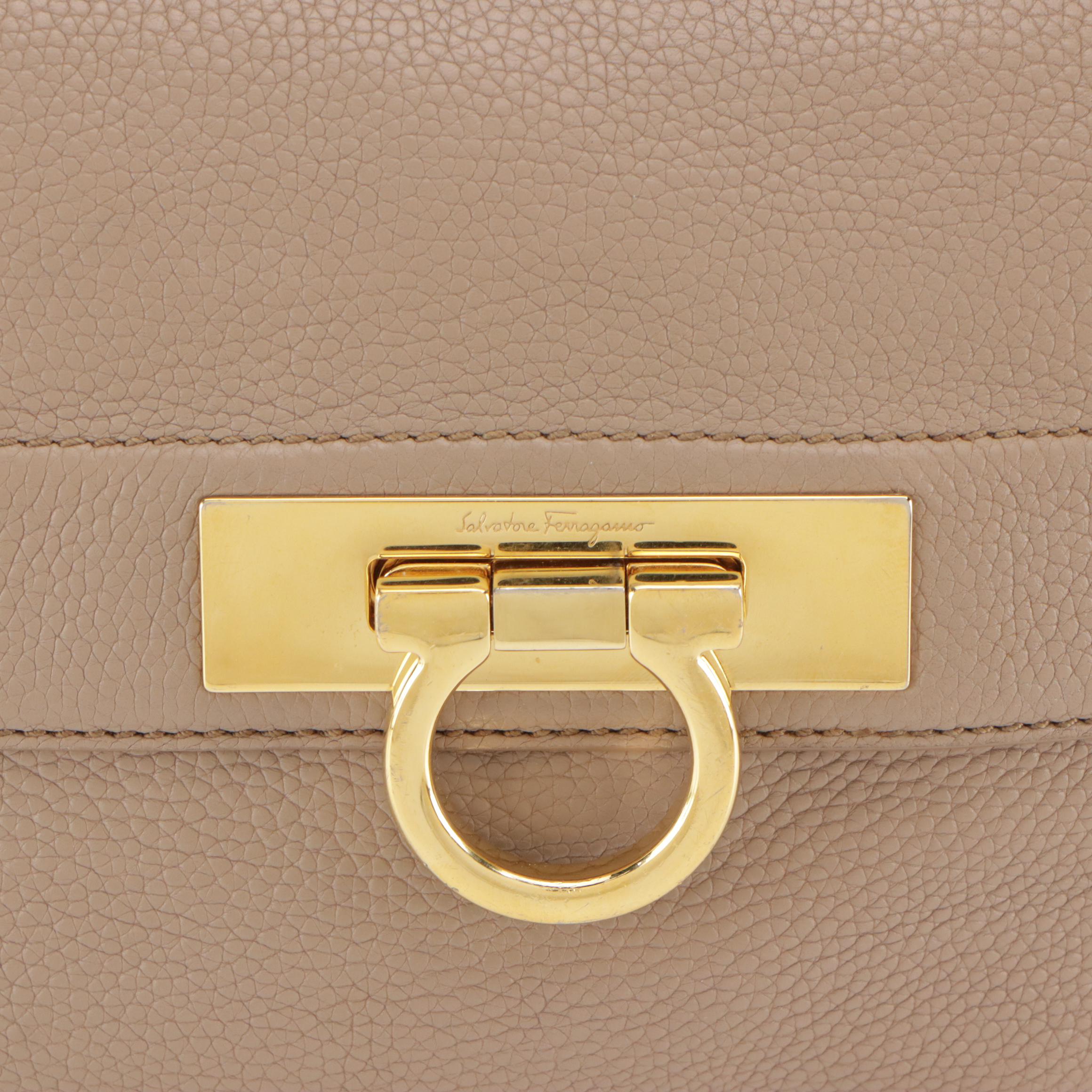 Salvatore Ferragamo Fold-Over Gancini Flap Clutch Bag in Taupe Grained Leather
