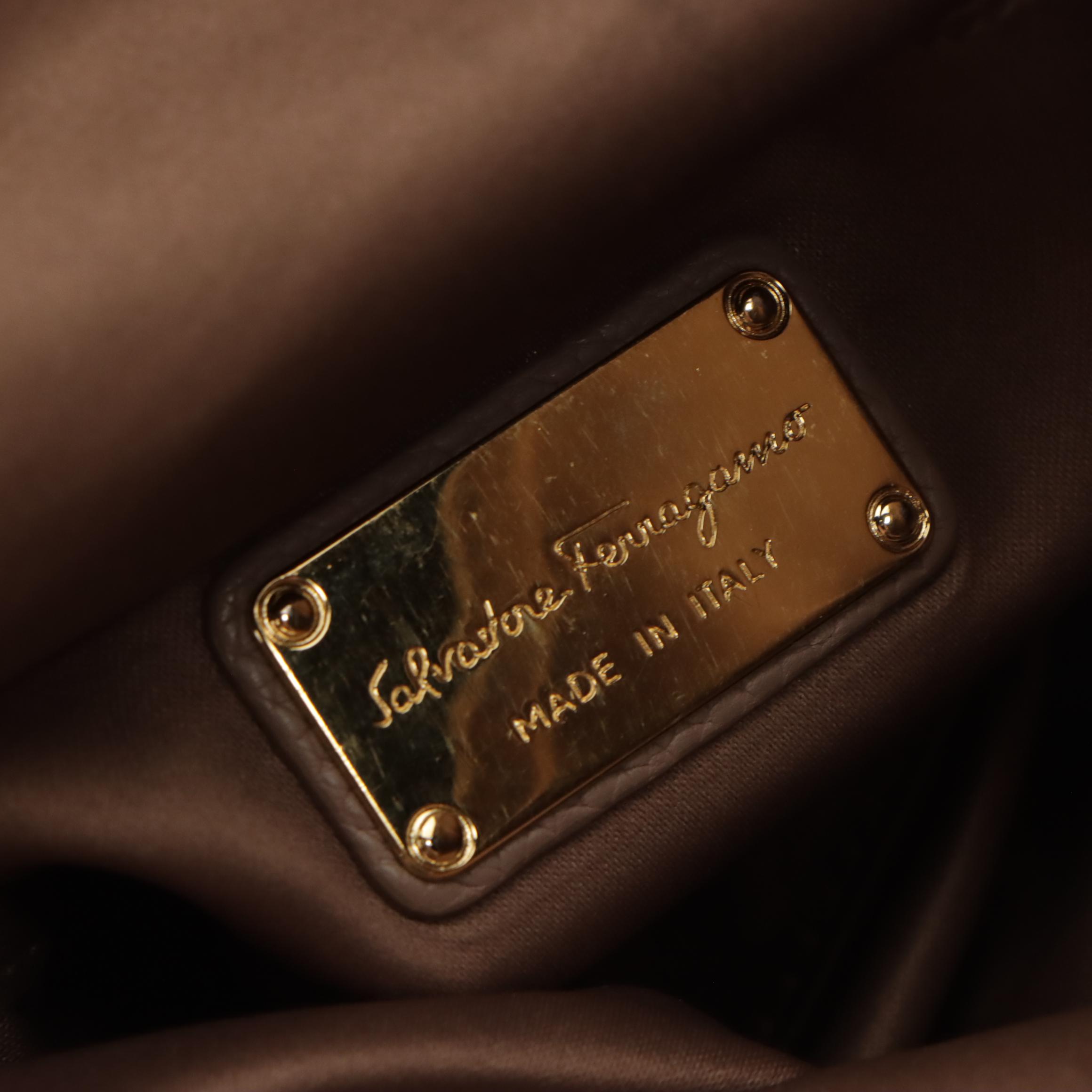 Salvatore Ferragamo Fold-Over Gancini Flap Clutch Bag in Taupe Grained Leather