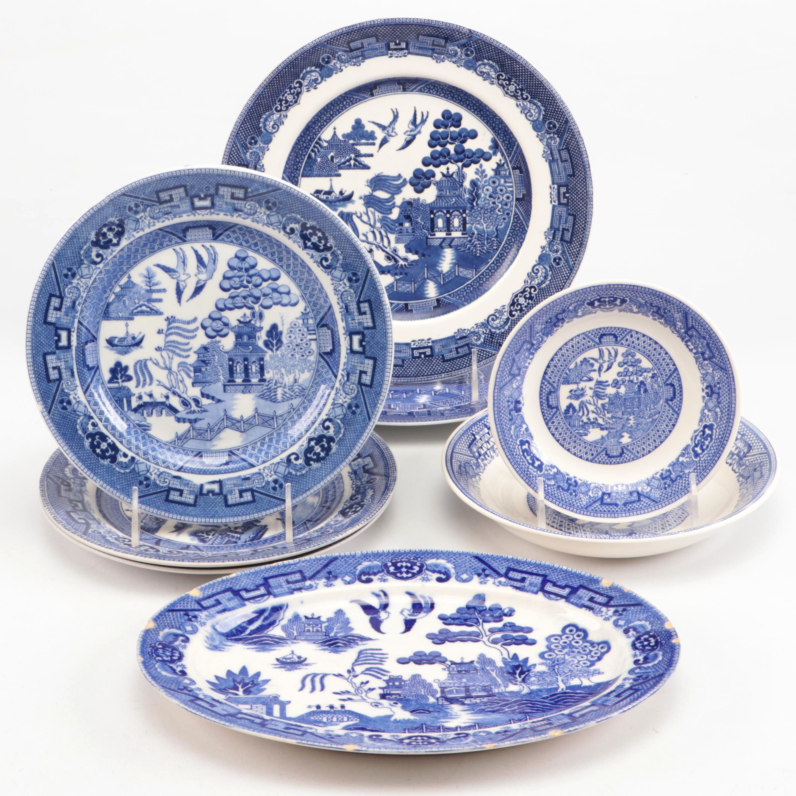 English and Japanese Blue Willow Ceramic Dinnerware