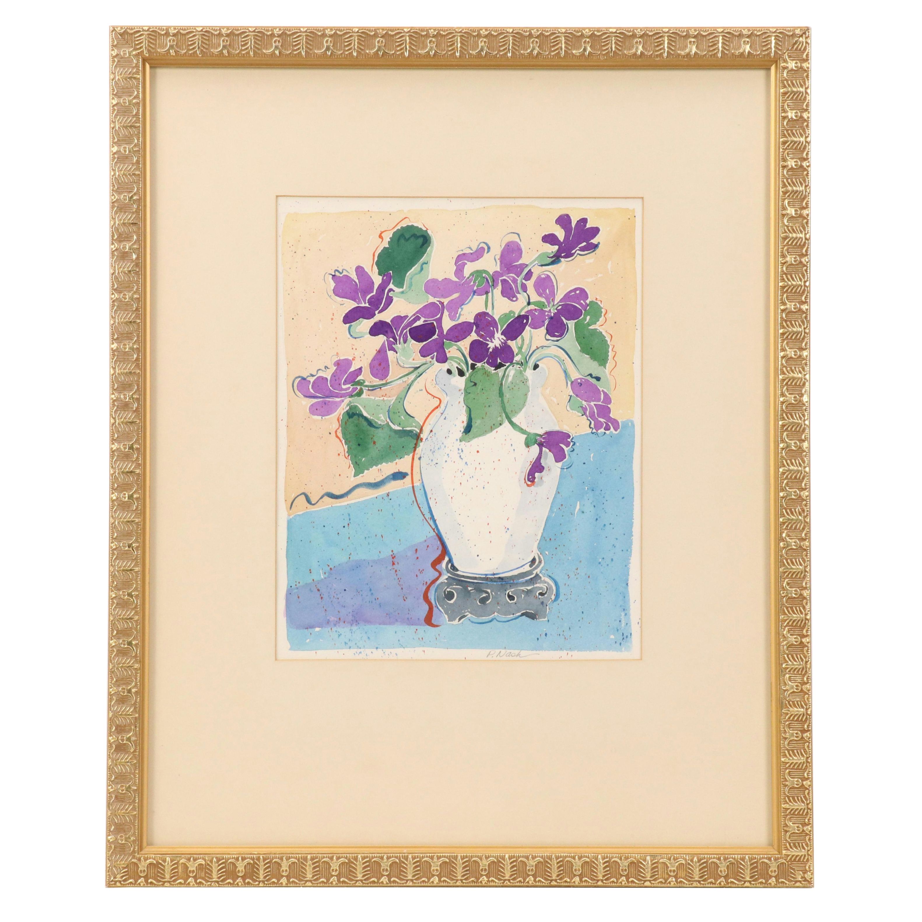 P. Nash Stylized Floral Still Life Watercolor Painting