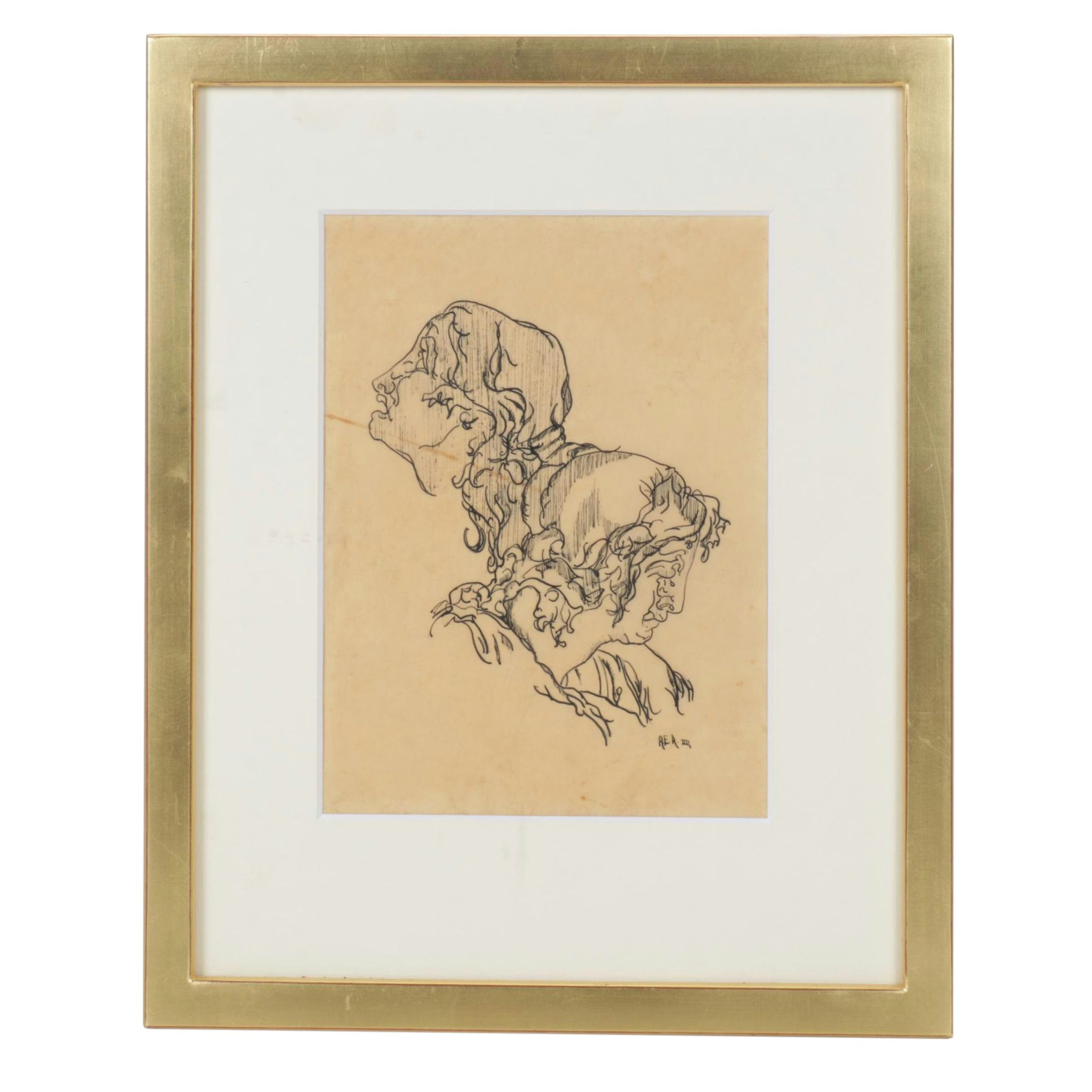 A.E.R Gestural Sketch of Two Figures in Ink, Mid-20th Century