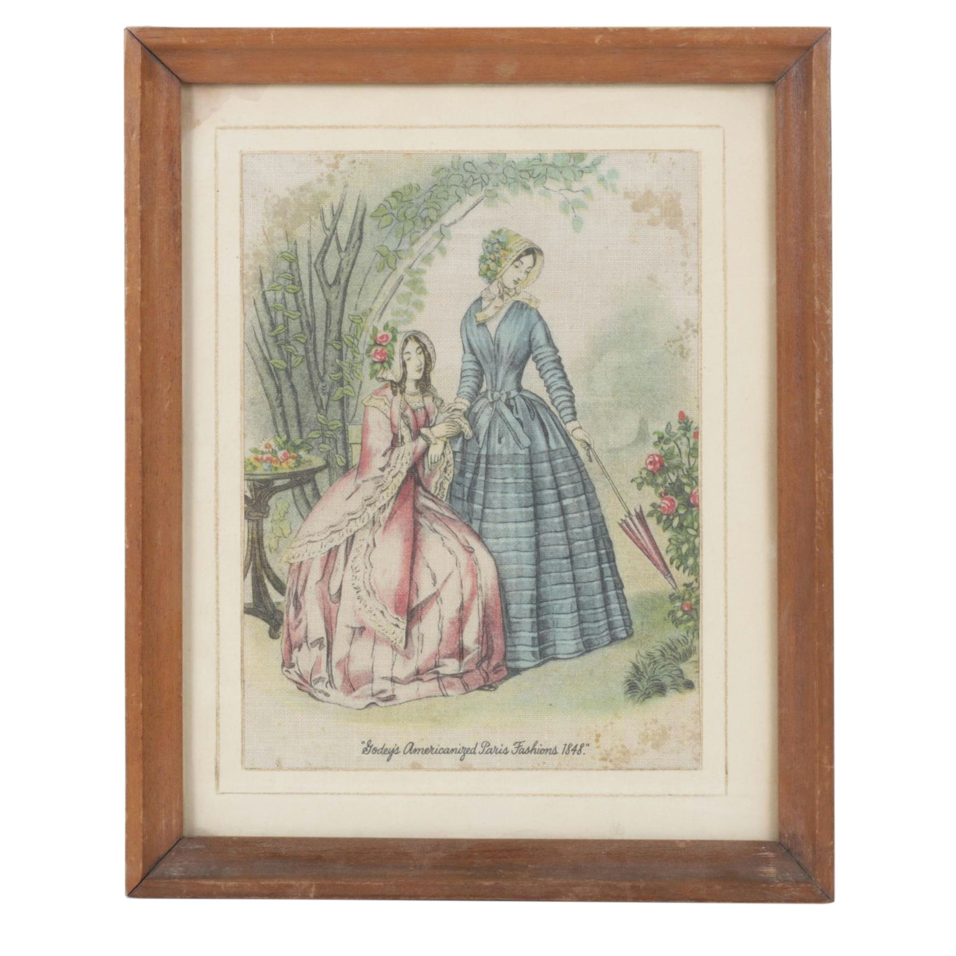 Godey's 1848 Paris Fashion Print Reproduction on Cloth, Framed